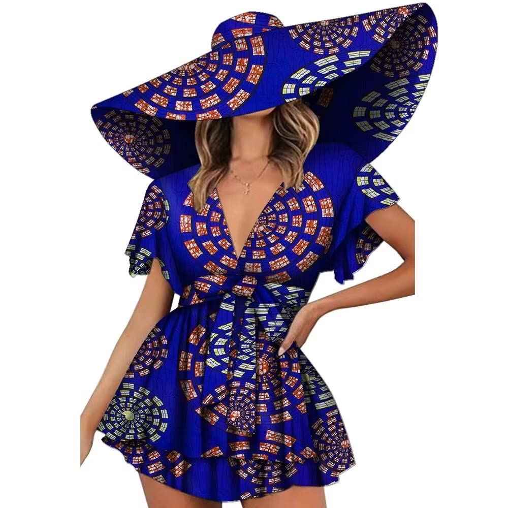 Stylish African Print Dresses for Women - Short Sleeve V-Neck Ankara Dashiki Outfit with Matching Hat | Perfect for Casual Wear, Parties & Cultural Events