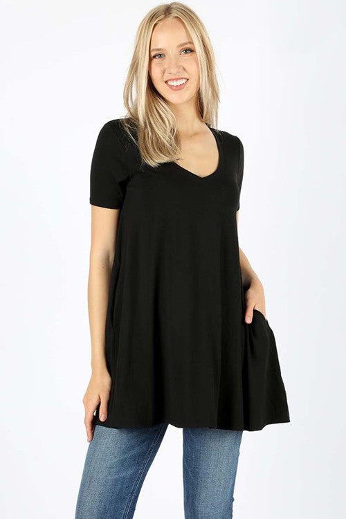 Women's Short Sleeve V-Neck T-Shirt with Pockets - Casual Comfort Top for Everyday Wear, Work & Weekend Outings