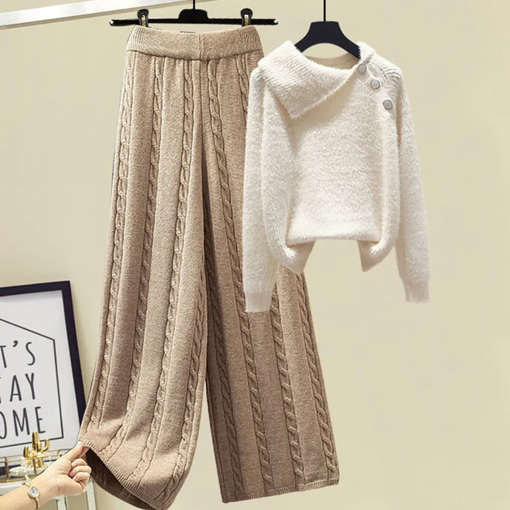 2024 Winter Warm 3-Piece Knit Outfit Set for Women - Cozy Knitted Sweater, Soft Lamb Wool Vest & Stylish Wide-Leg Twist Pants | Perfect for Casual Wear, Office Outfits & Winter Fashion
