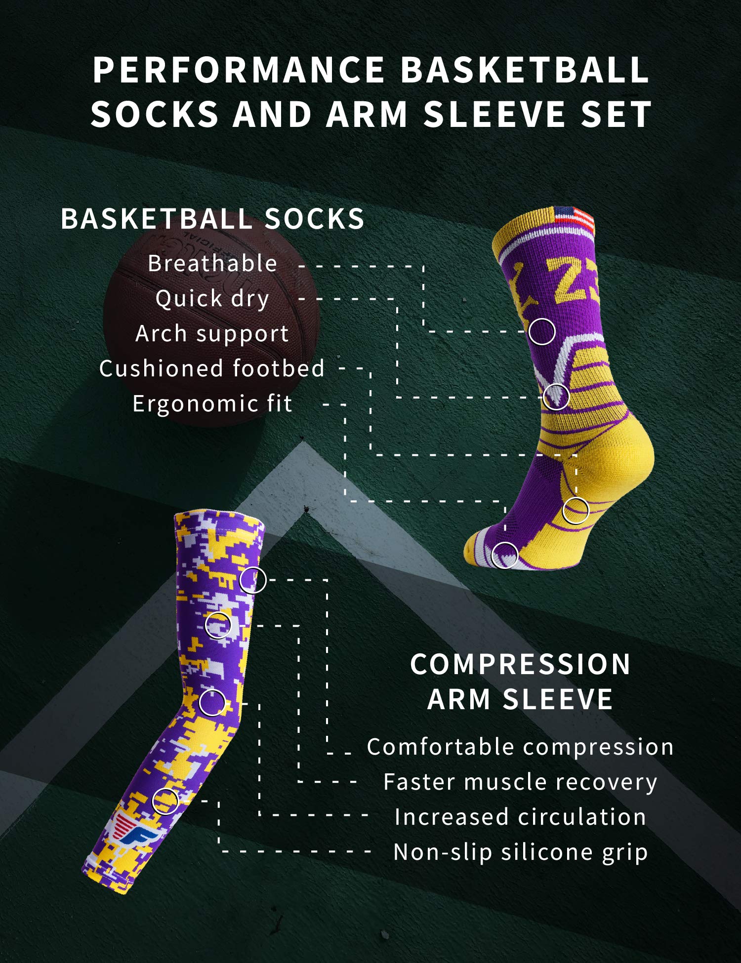 Youth Boys Basketball Socks - High Performance Sports Athletic Crew Socks with Compression Basketball Arm Sleeve - Breathable Moisture Wicking for Basketball, Running, Gym Workouts - Made in USA