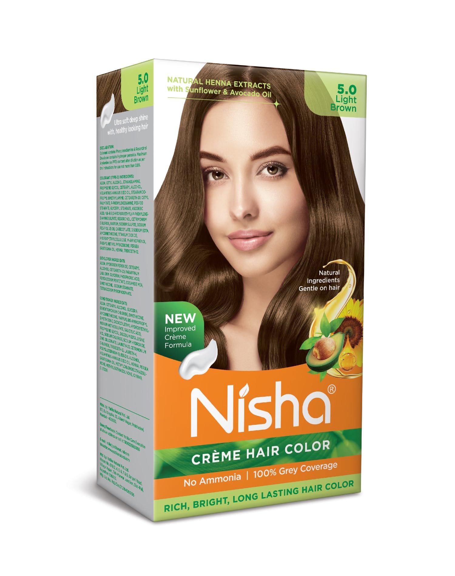 Nisha Creme Hair Color Light Brown 5.0 - Ammonia-Free Permanent Hair Dye for Women & Men with 100% Gray Coverage & Ultra Soft Shine | At-Home Hair Coloring for Natural-Looking Results