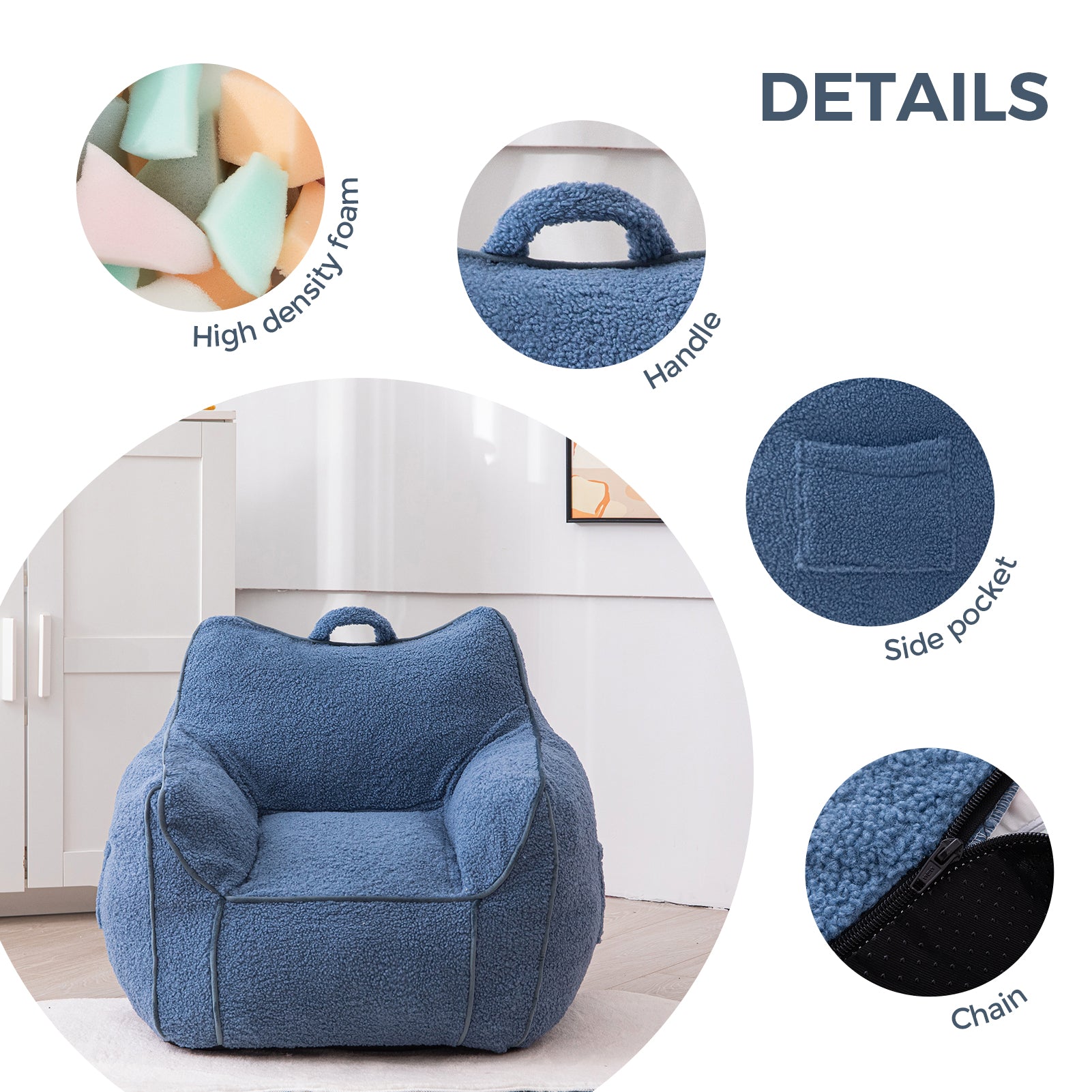 MAXYOYO Kids Bean Bag Chair - Soft Sherpa Bean Bag Couch with Decorative Edges for Boys & Girls, Comfortable Seating for Bedroom, Playroom or Reading Nook (Blue)