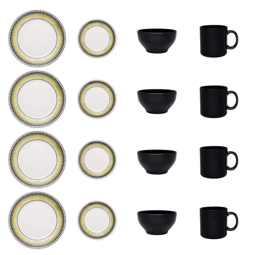 Premium 16-Piece Scratch-Resistant Dinnerware Set for 4 - Green & Black Stoneware Plates, Bowls, Mugs - Elegant Everyday Dining & Dinner Party Tableware