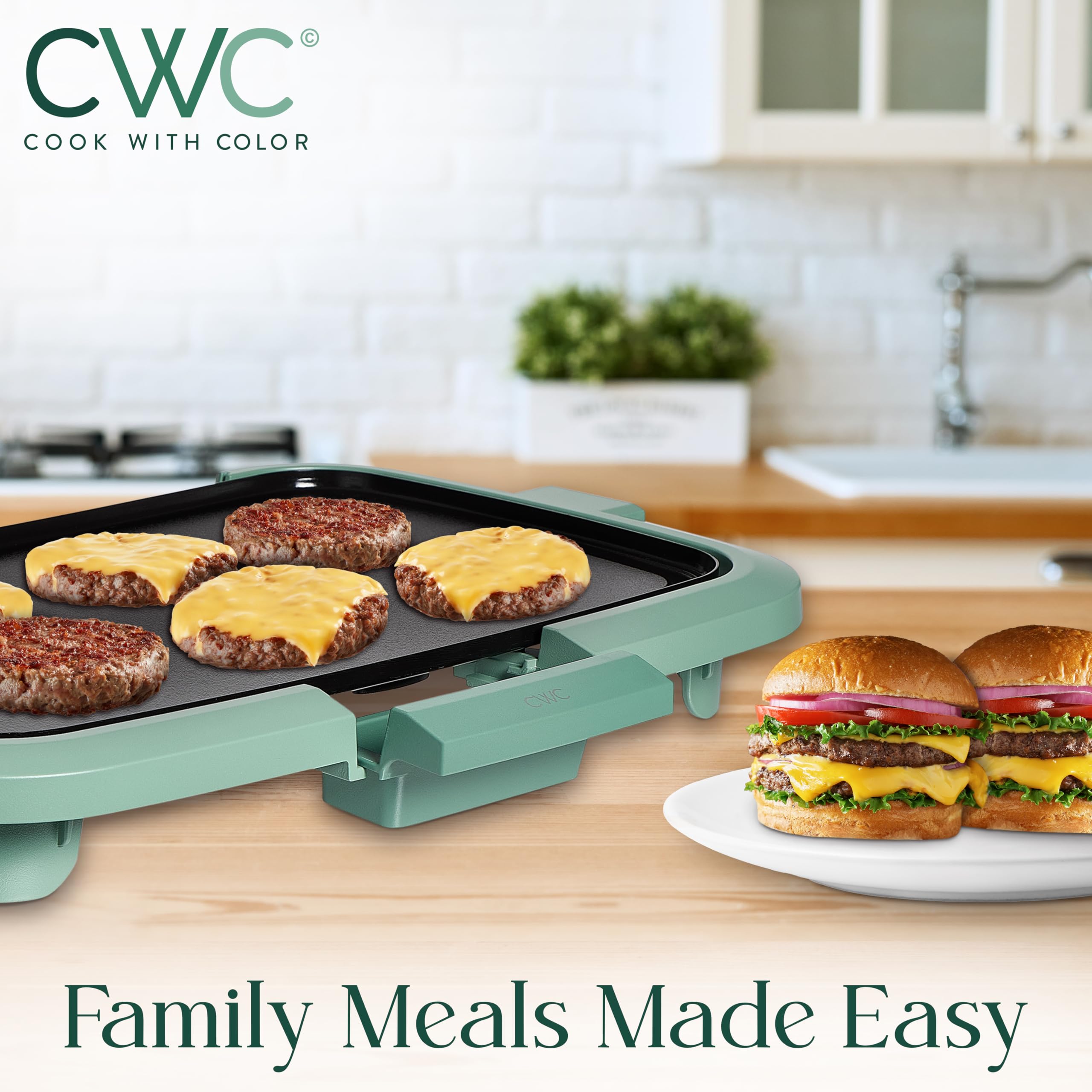 1200W Electric Griddle with Nonstick Surface - Perfect for Pancakes, Burgers, Eggs & More | Removable Temp Control & Slide-Out Drip Tray | 10