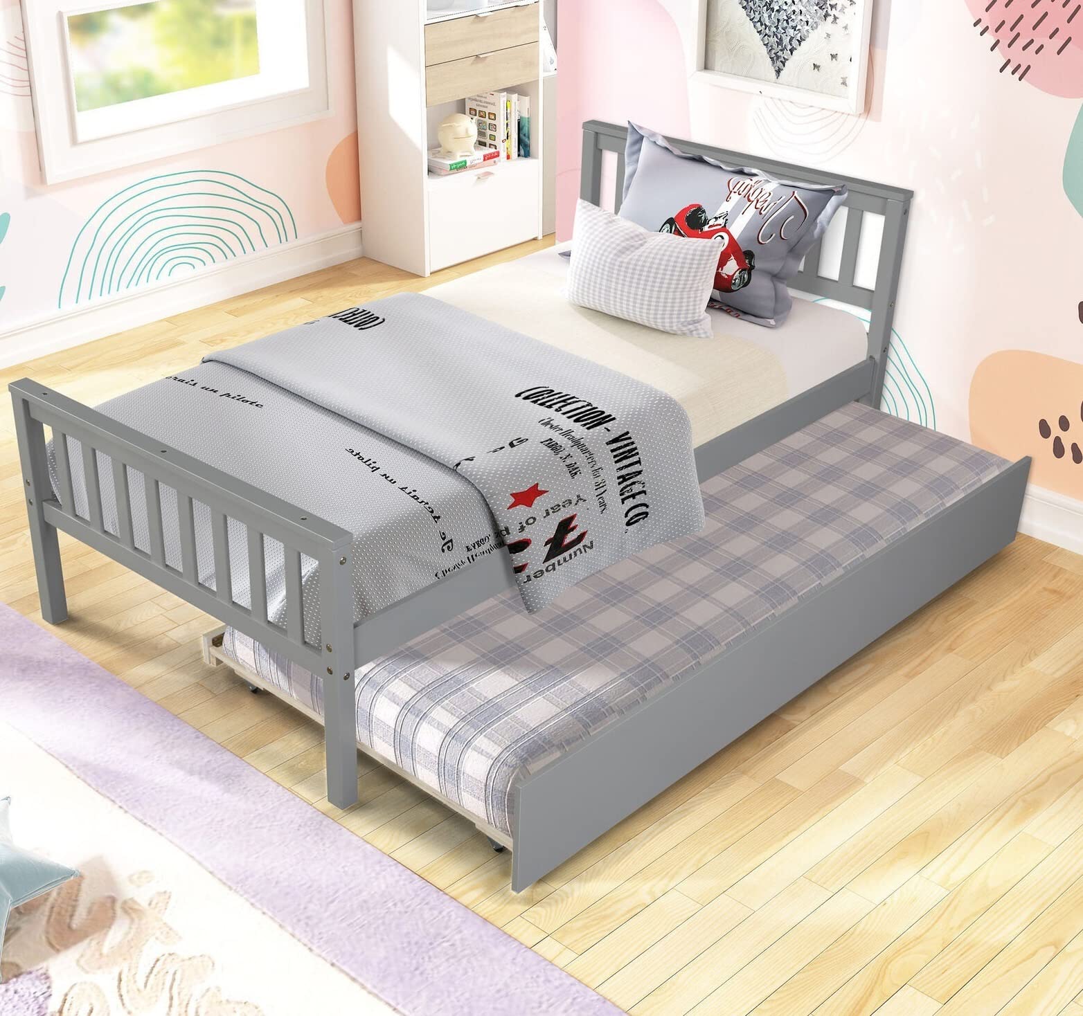 **ALIDAM Twin Size Gray Wood Platform Bed Frame with Headboard & Footboard - Sturdy Slat Support, Includes Trundle - Perfect for Kids' Rooms, Guest Bedrooms & Small Spaces**