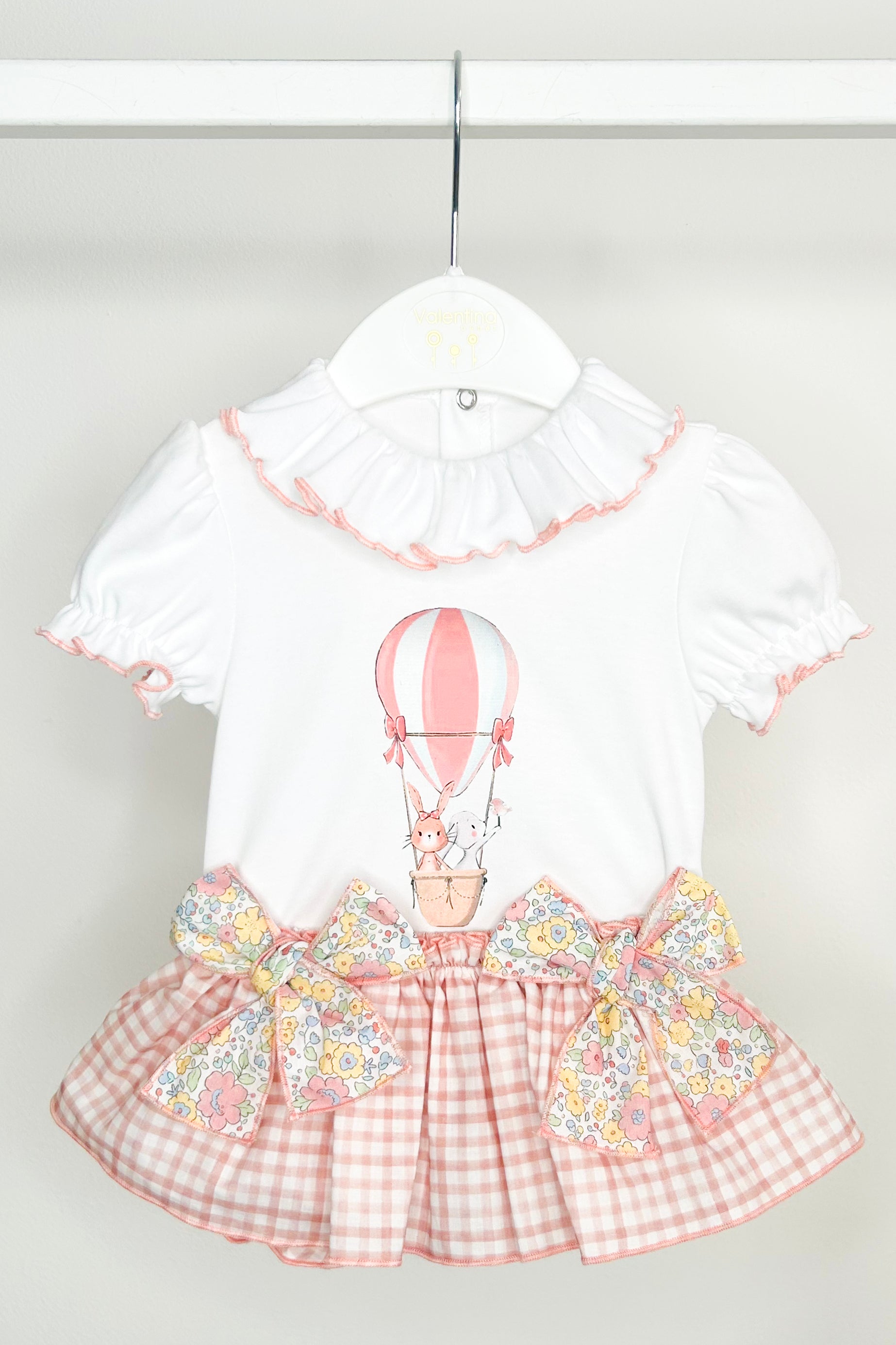 Seraphine Women's Pink Hot Air Balloon Print Blouse & Gingham Skirt Set - Casual Summer Outfit for Picnics, Travel & Outdoor Activities