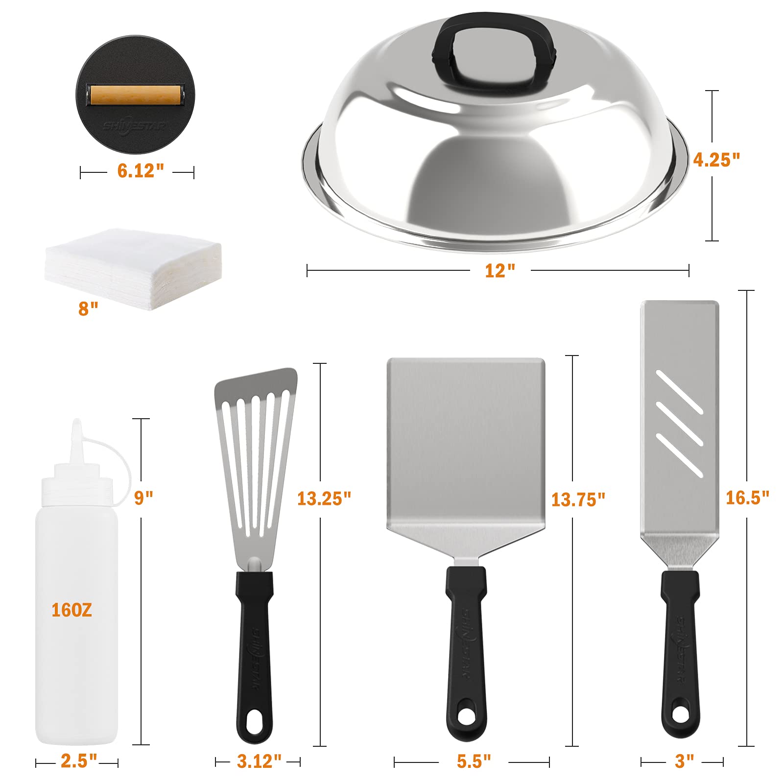 SHINESTAR 12-Inch Cast Iron Smash Burger Press Kit with Melting Dome & 3 Spatulas - Heavy Duty Blackstone Griddle Accessories for Perfect Hamburgers - Ideal for Flat Top Hibachi Grill, Indoor & Outdoor BBQ, Backyard Cooking (8-Piece Set)