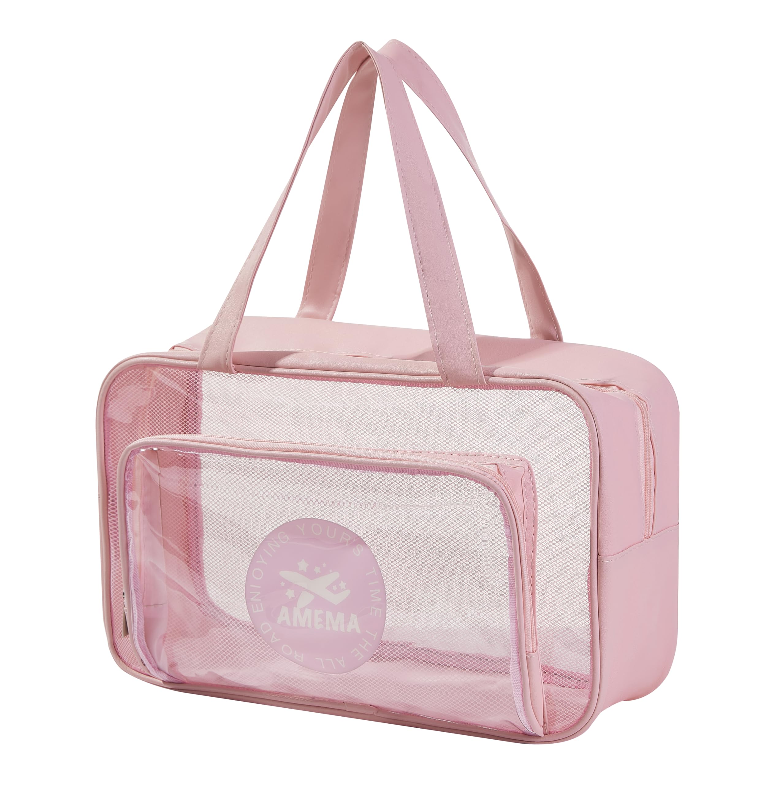 GRINKO Large Clear Travel Toiletry Bag for Women - Waterproof Makeup Organizer with Extra Zipper Pockets, Pink Cosmetic Pouch for Shower, Beach & Airplane Essentials | Perfect for Vacation, Gym & Daily Use