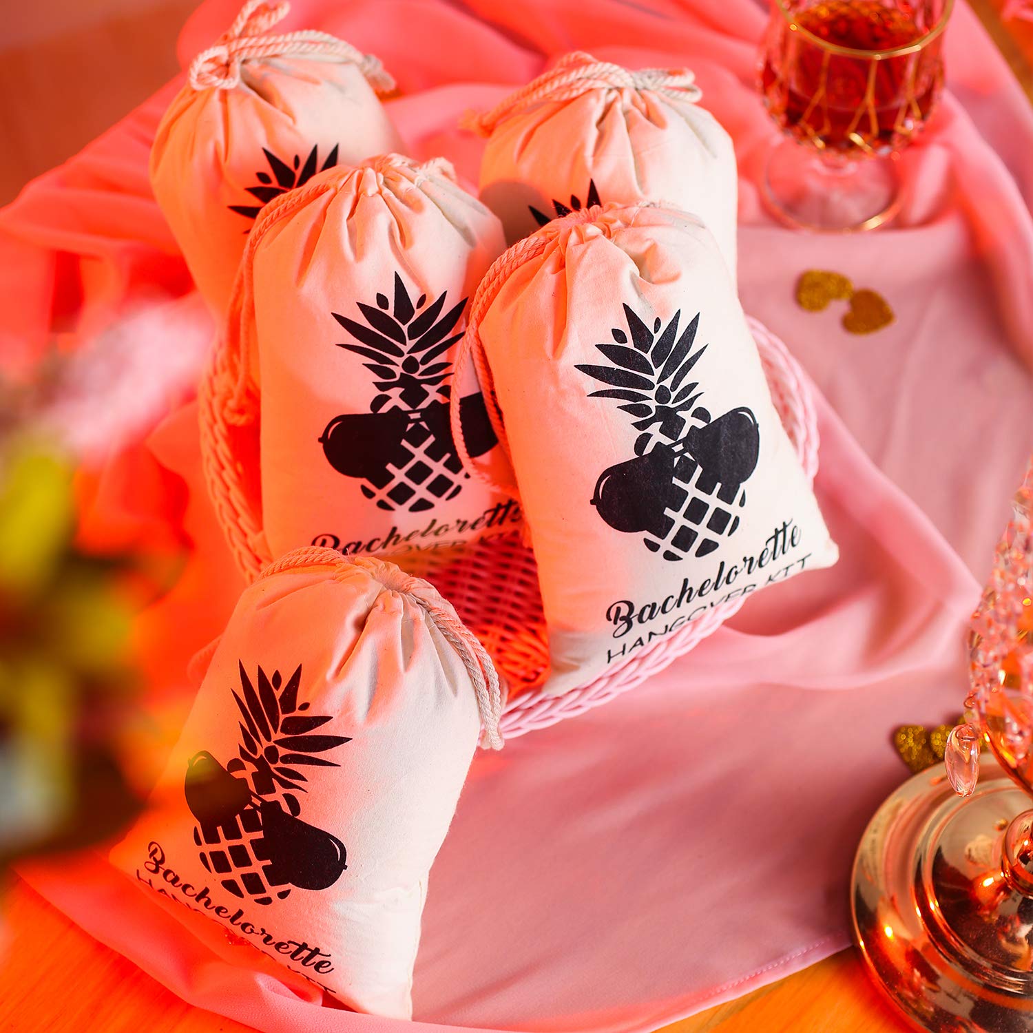 SHERWAY Pineapple Bachelorette Party Favor Bags - Wedding Survival Kit & Hangover Recovery Drawstring Pouches (Beige, 5x7 Inches, 10 Pack) - Perfect for Bridal Showers, Bachelor Parties & Wedding Guest Gifts