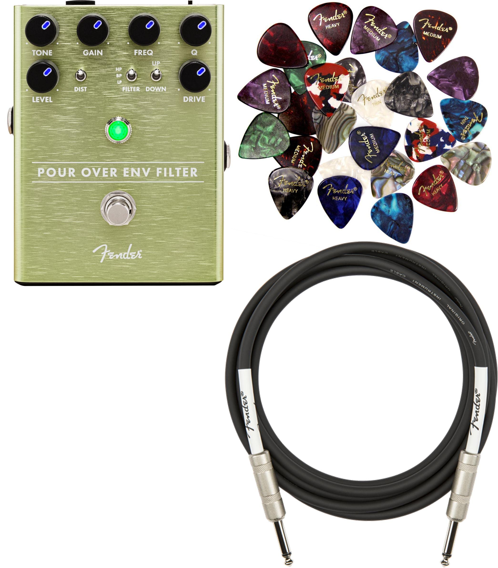 Fender Pour Over Envelope Filter Guitar Pedal Bundle with 10ft Instrument Cable & 6 Picks - Vintage-Style Wah & Filter Effects for Electric Guitar, Bass, Synth - Perfect for Funk, R&B, and Psychedelic Rock Performances
