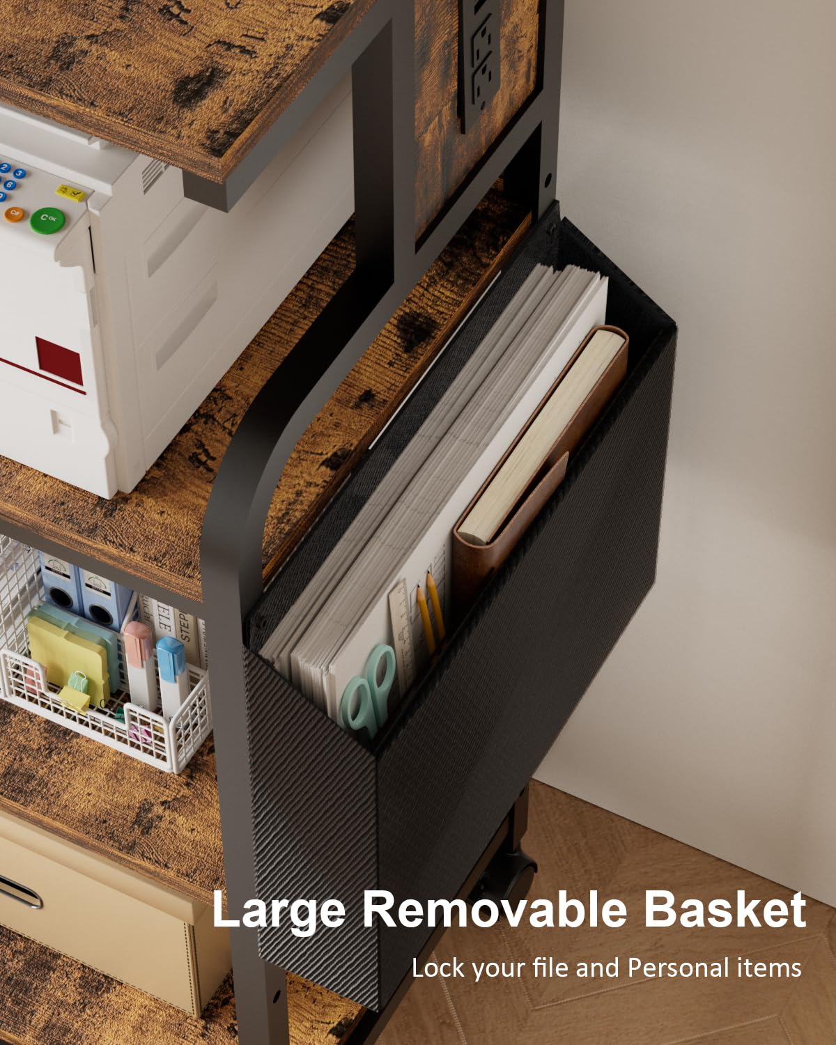 4-Tier Adjustable Printer Stand with Storage Shelf & Wheels - Large Printer Table with Charging Station for Home Office - Perfect for 3D Printer, Shredder, Scanner & Fax Machine - Ideal Workspace Organizer for Small Office & Home Use