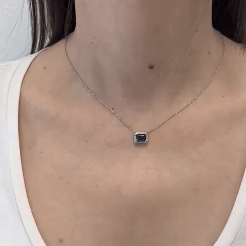 1.56ct Emerald Cut Sapphire & Diamond Halo Necklace in 14K Gold - Elegant Jewelry for Weddings, Anniversaries & Special Occasions