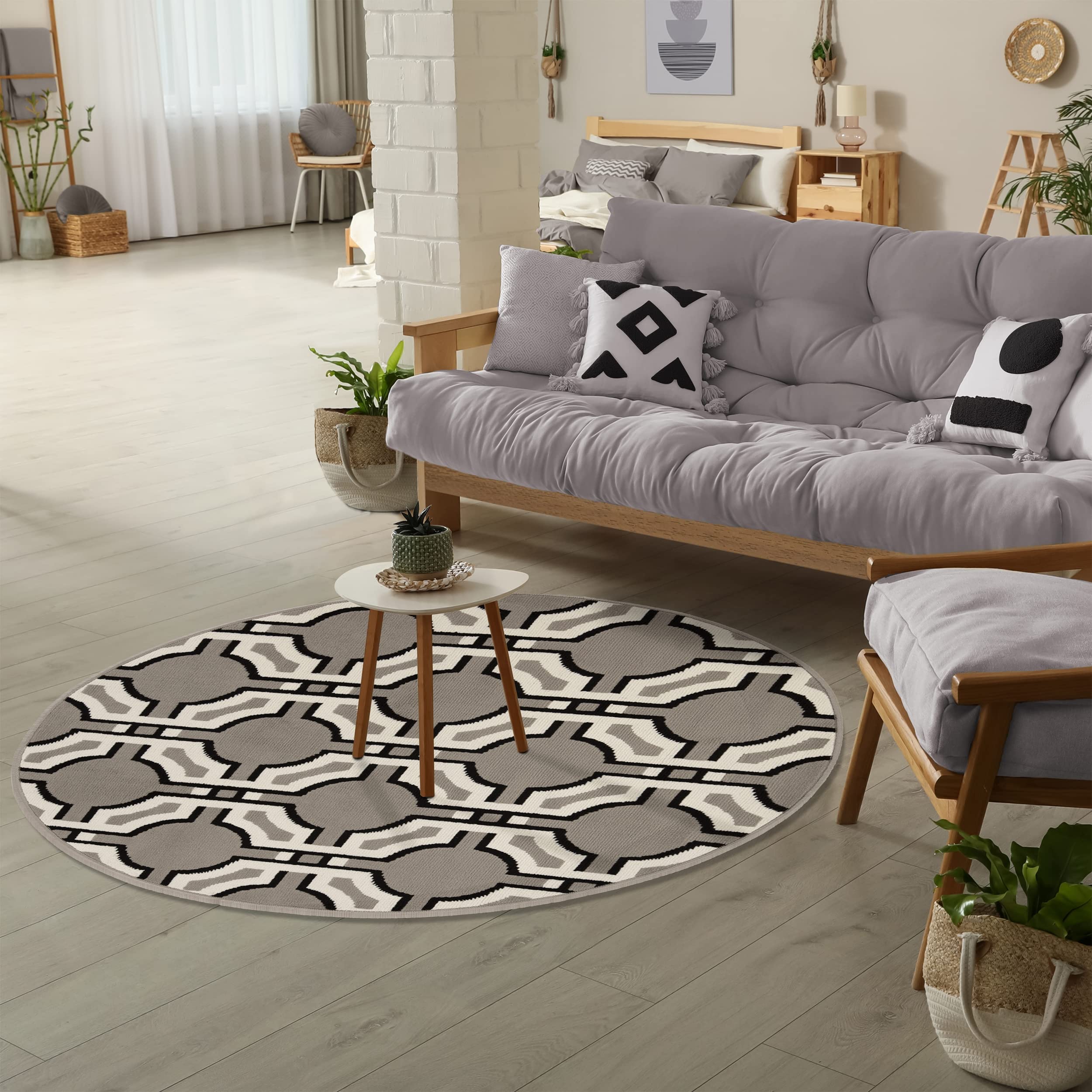Modern Geometric Art-Deco Trellis Power-Loomed Indoor Area Rug - 5' Round Gray Home Decor for Living Room, Bedroom, Office - Soft Non-Slip Floor Carpet for Comfort & Style