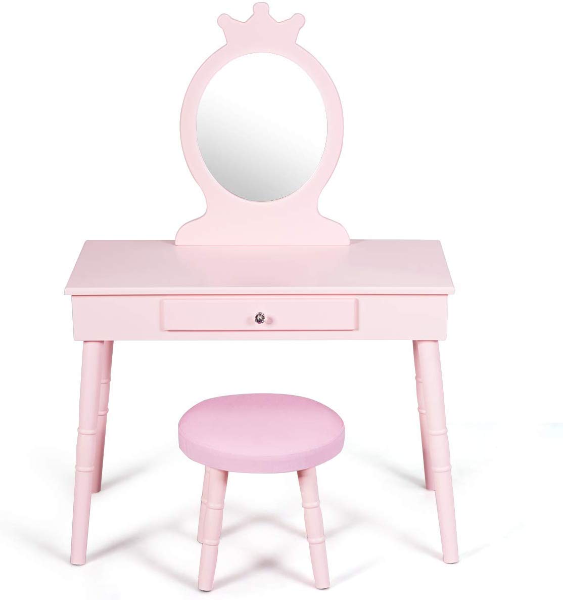 GOFLAME Pink Wooden Princess Vanity Set for Girls - Kids Dressing Table with Real Mirror, Makeup Play Set, Pull-Out Drawer & Cushioned Stool - Perfect for Pretend Play, Birthday Gifts & Bedroom Decor