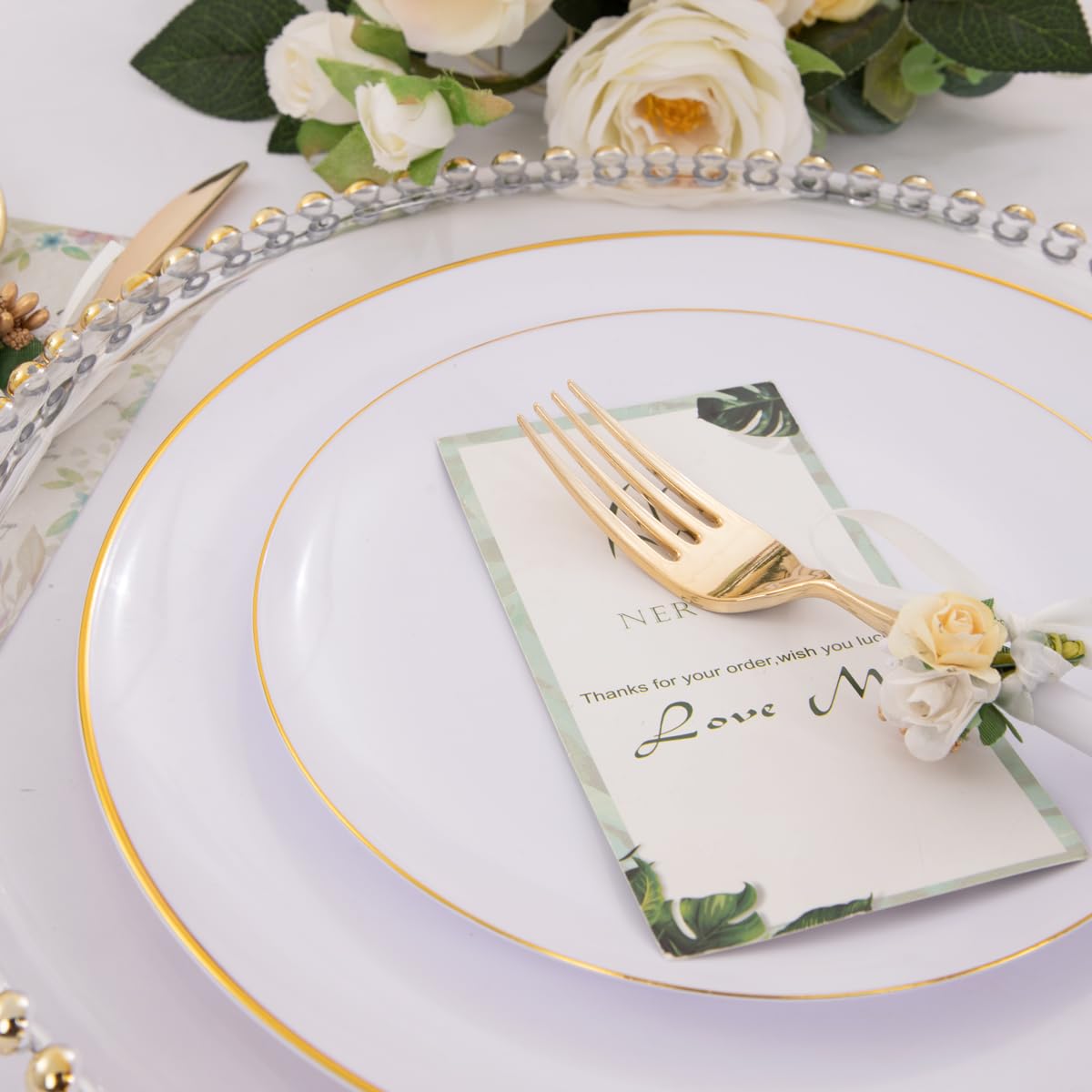 100-Piece Gold Plastic Plates - 10.25 Inch Elegant Disposable Dinner Plates for Wedding, Party, Christmas - Heavyweight White & Gold Design - Perfect for Banquets, Holiday Gatherings & Special Events