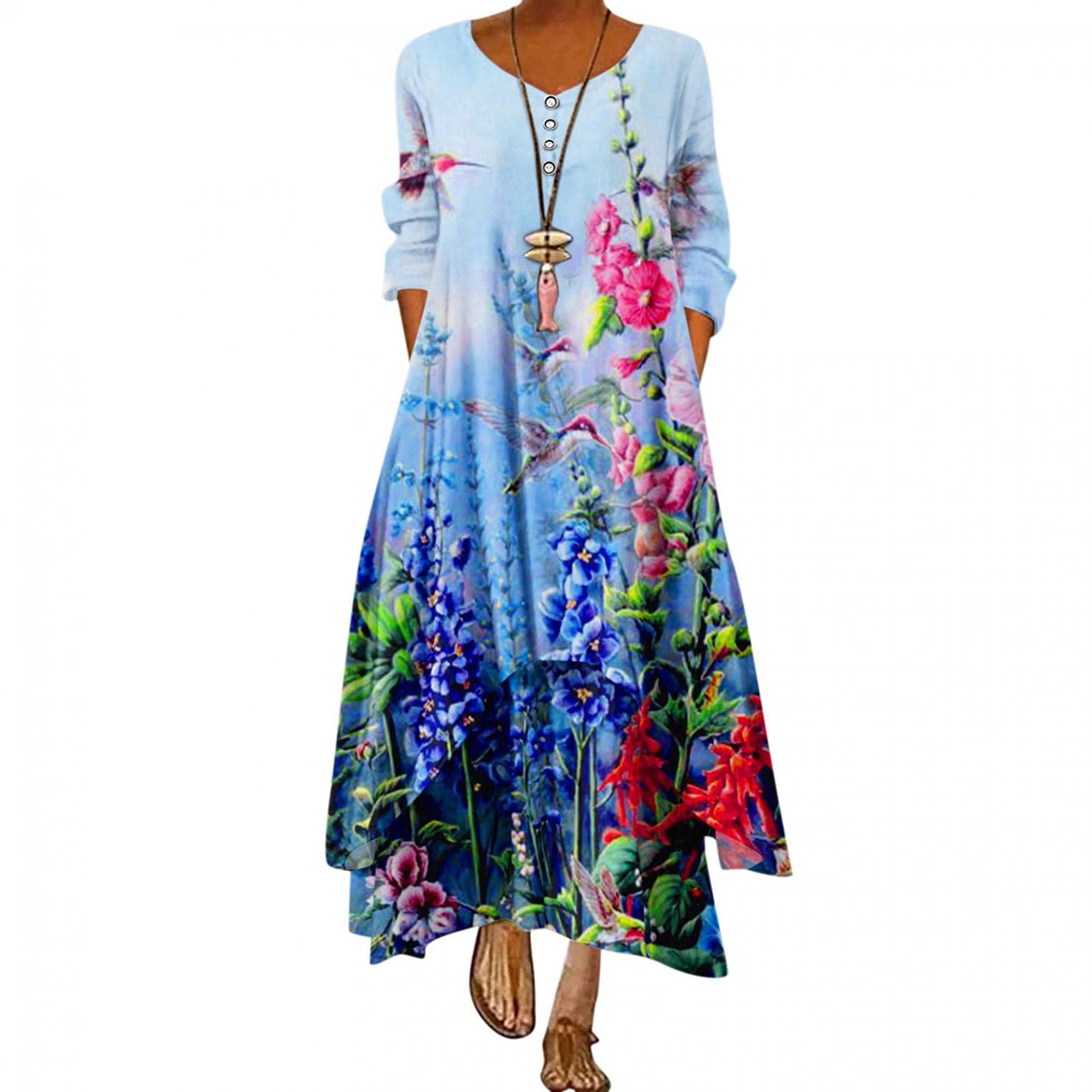 Plus Size Floral Maxi Dress for Women - Loose Bohemian Summer Beach Caftan with Pockets | Perfect for Vacations, Pool Parties & Casual Outings