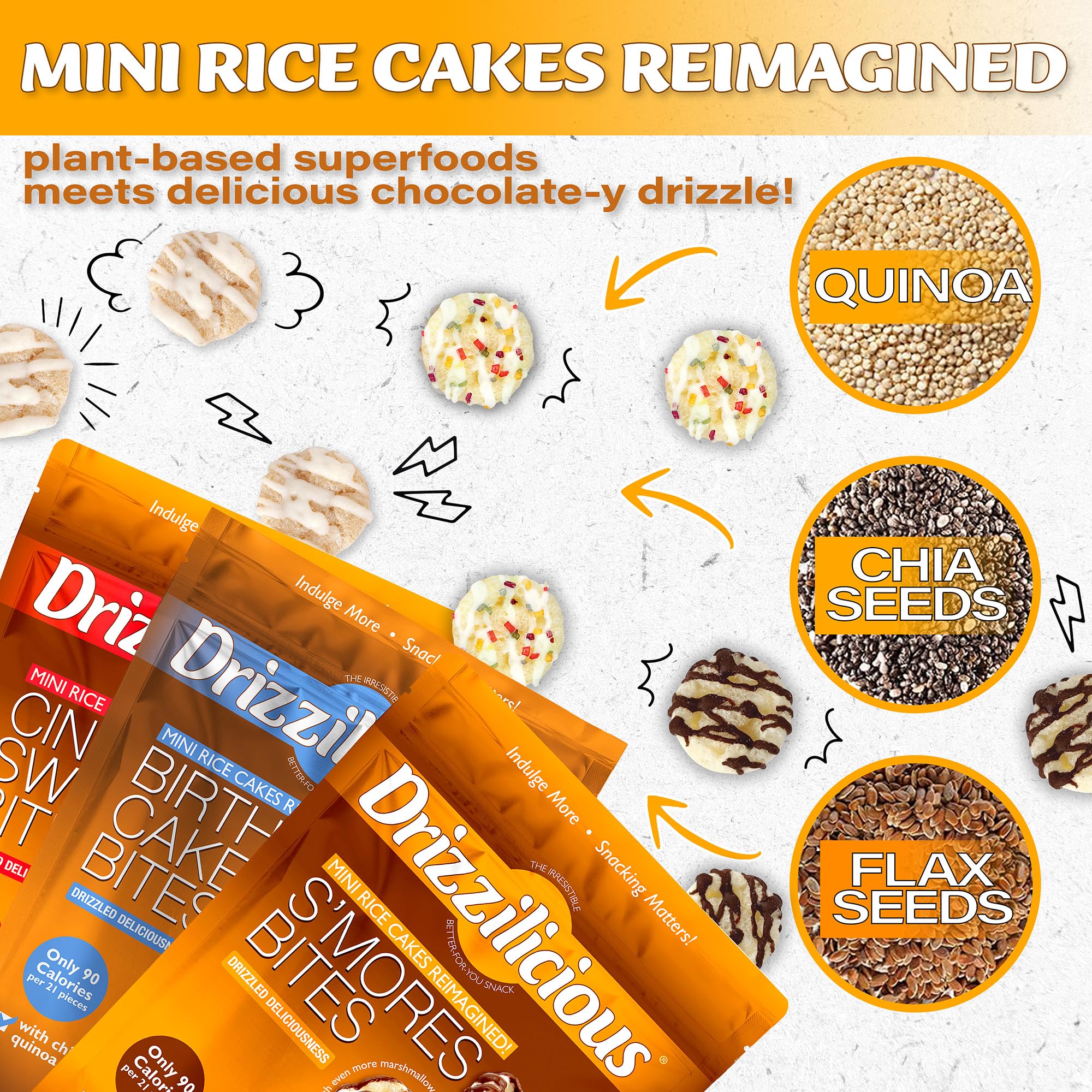 Drizzilicious Mini Rice Cakes Variety Pack - 32 Count of Healthy Vegan & Gluten-Free Rice Crisps Snacks (90 Calorie Per Bag) for Adults & Kids - Allergen-Free, .74oz Bags - Perfect for Lunchboxes, Office Snacking & On-The-Go Energy