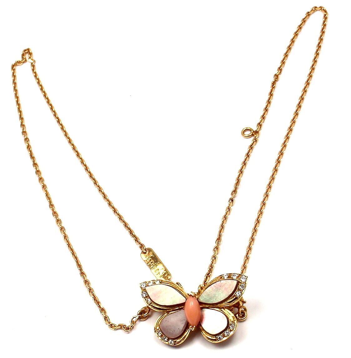 VAN CLEEF & ARPELS 18k Yellow Gold Diamond Mother of Pearl Coral Butterfly Brooch Necklace - Elegant Jewelry for Weddings, Parties & Special Occasions