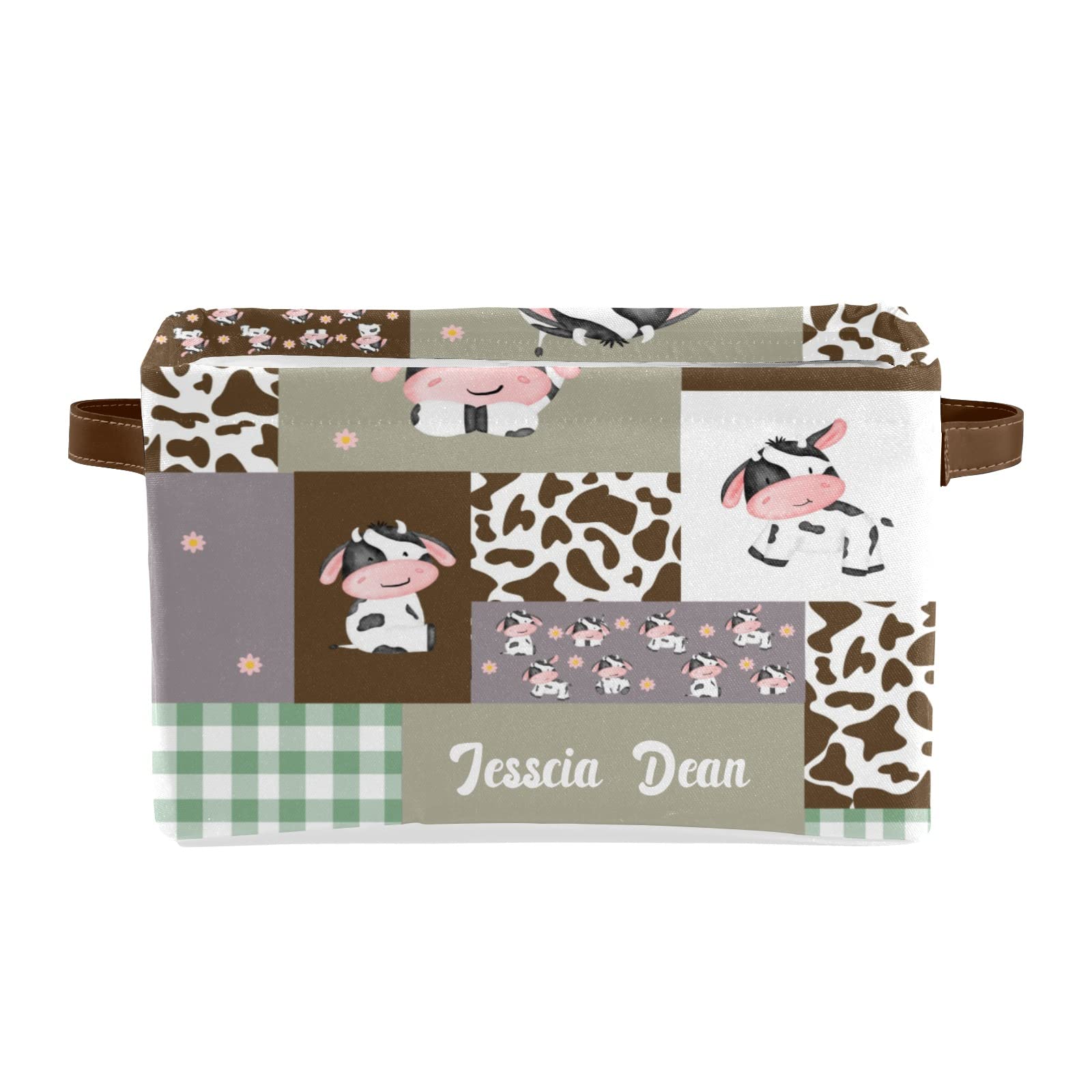 Personalized Cow Patchwork Plaid Storage Bins - Customizable Fabric Baskets & Organizer Cubes with Handles for Nursery, Home, Clothes & Toys (2-Pack) | Perfect for Kids' Room Organization & Closet Storage Solutions