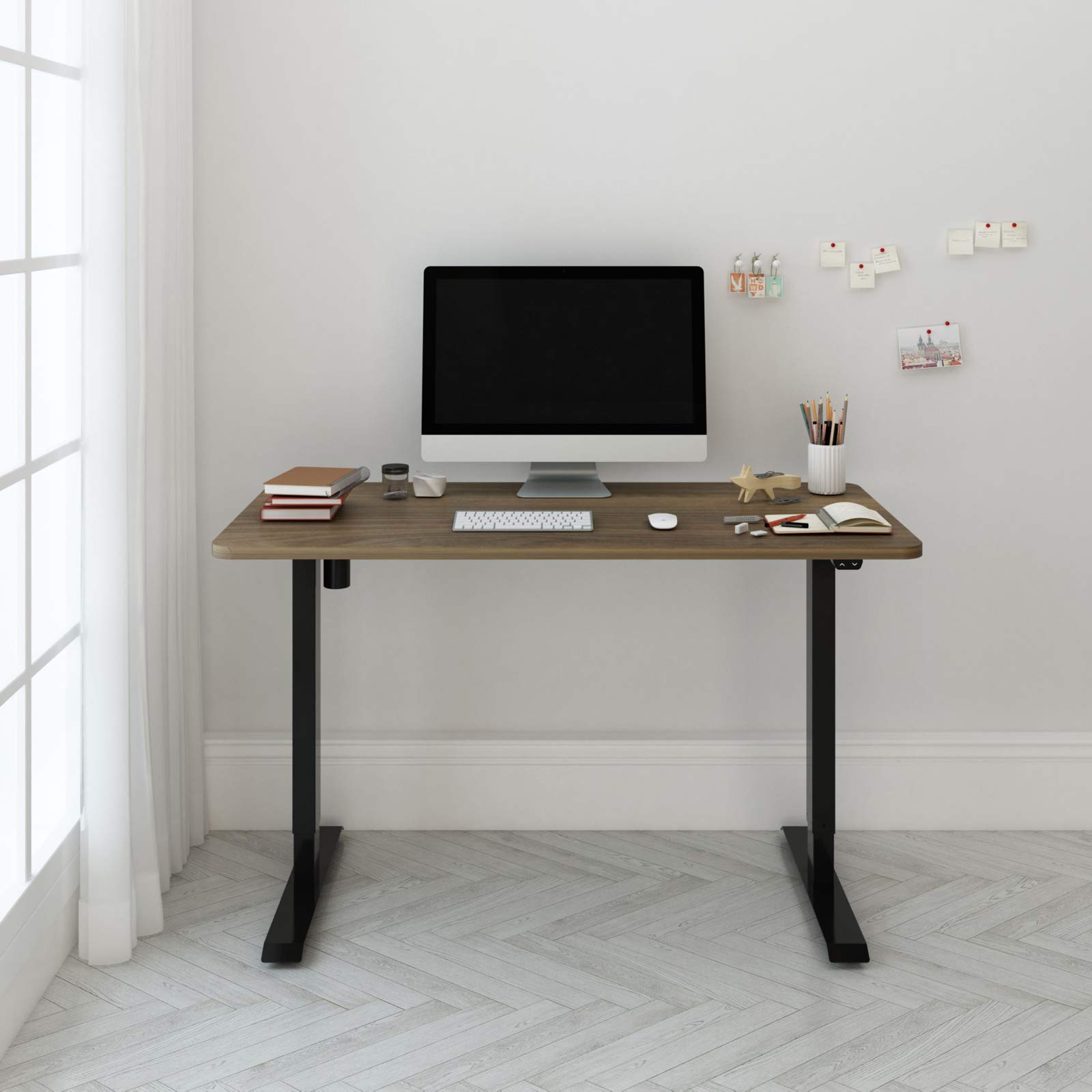 FLEXISPOT Electric Standing Desk - Adjustable Height Sit Stand Desk with Black Frame & Grey Wood Grain Top (48x30 Inches) for Home Office, Gaming & Workspace Ergonomics