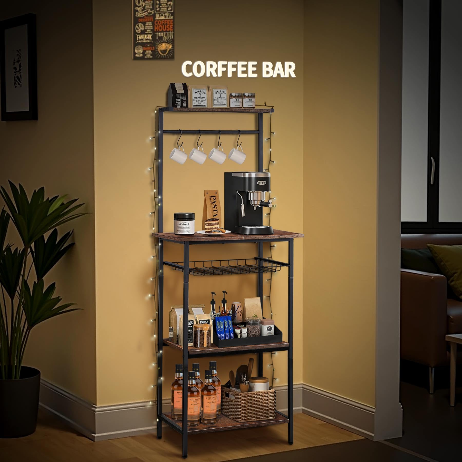 5-Tier Small Coffee Bar Station with Pullout Wire Basket - Compact Corner Coffee Cart for Kitchen, Living Room & Small Spaces - Perfect Mini Narrow Bakers Rack for Home, Office or Dorm Use