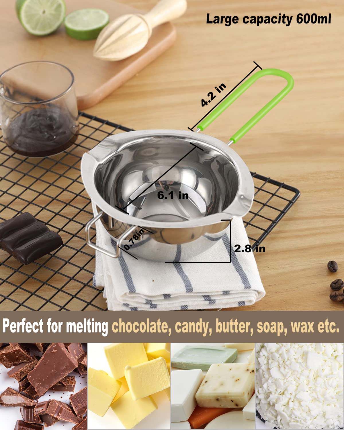 Premium Stainless Steel Double Boiler Pot Set with Silicone Spatula - 600ml & 1600ml for Melting Chocolate, Soap, Wax & Candle Making - Eco-Friendly Green Kitchen Essential for Home Chefs & DIY Crafters