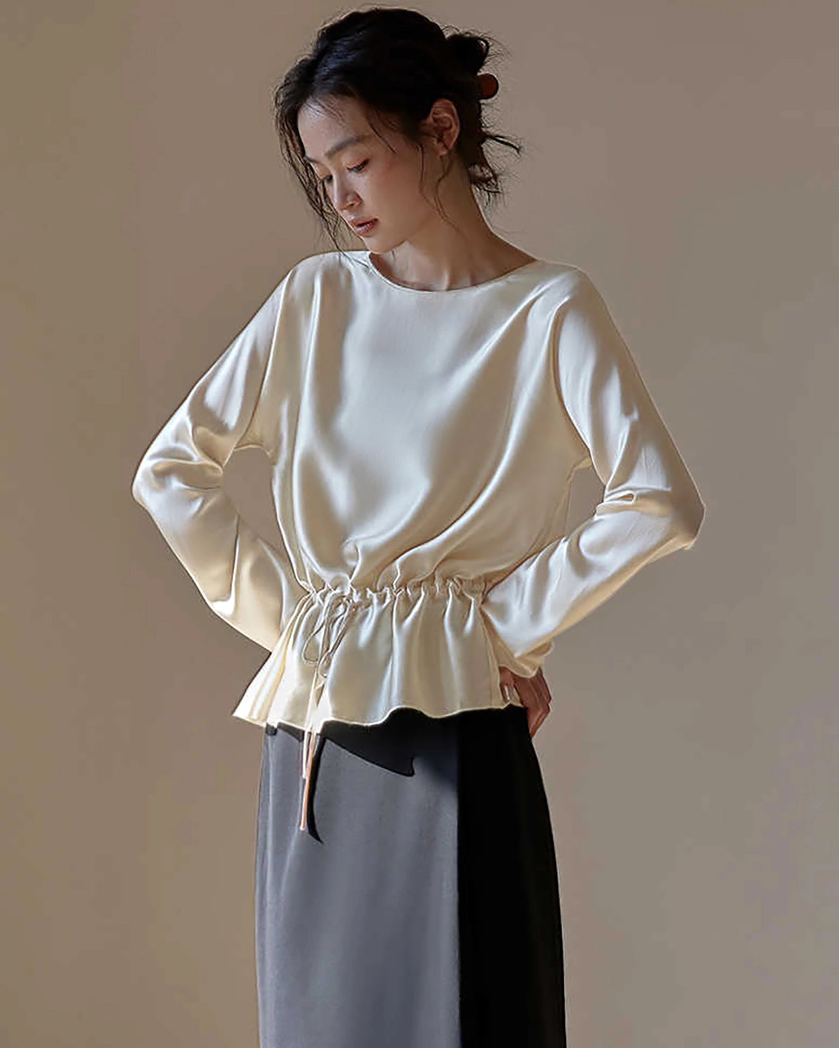 Elegant Drawstring Waist Silk Blouse for Women - Soft & Luxurious Long Sleeve Tops - Perfect for Office, Date Night & Special Occasions