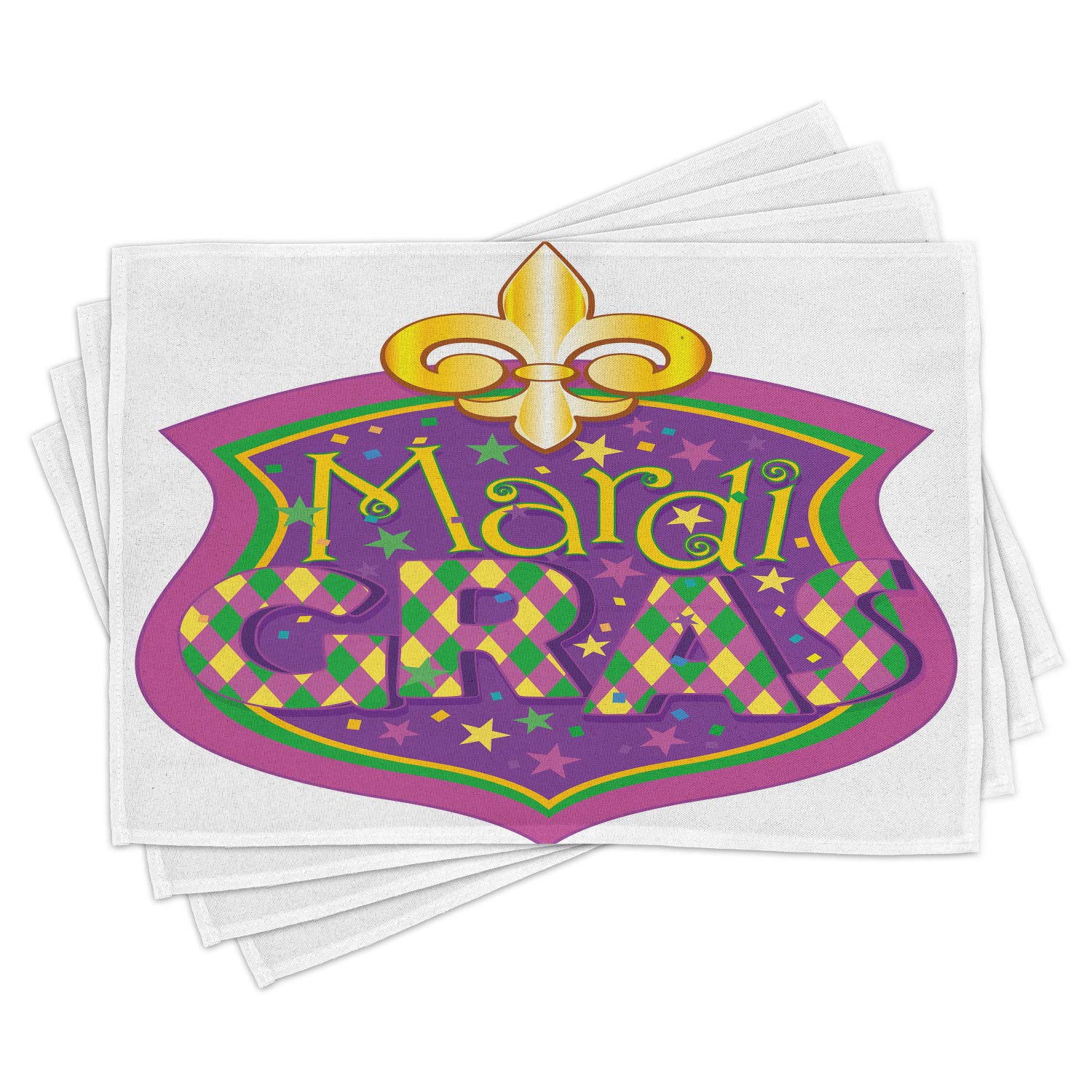 Ambesonne Mardi Gras Place Mats Set of 4 - Washable Fabric Table Mats with Blazon Design, Fleur de Lis & Festive Inscriptions for Dining Room & Kitchen Decor (Purple, Yellow, Green) - Perfect for Mardi Gras Parties, Holiday Gatherings & Themed Dinner Decorations
