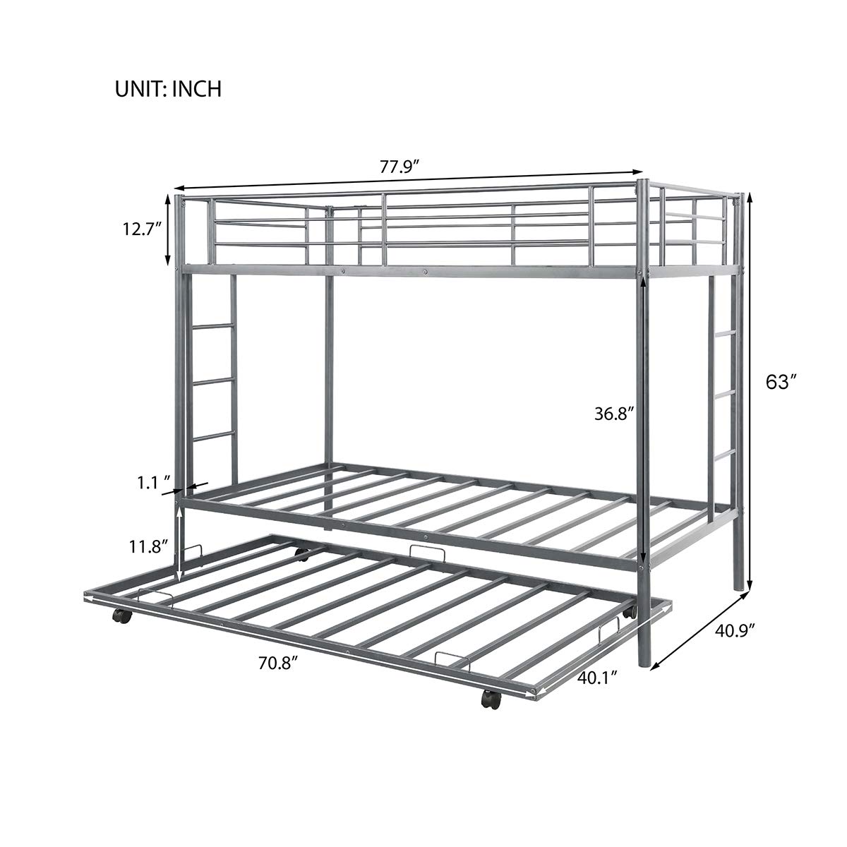 LZ LEISURE ZONE Twin Over Twin Metal Bunk Bed with Trundle - Sturdy Kids & Teens Bunk Bed Frame, No Box Spring Required (Silver) - Perfect for Small Bedrooms, Guest Rooms & Sleepovers