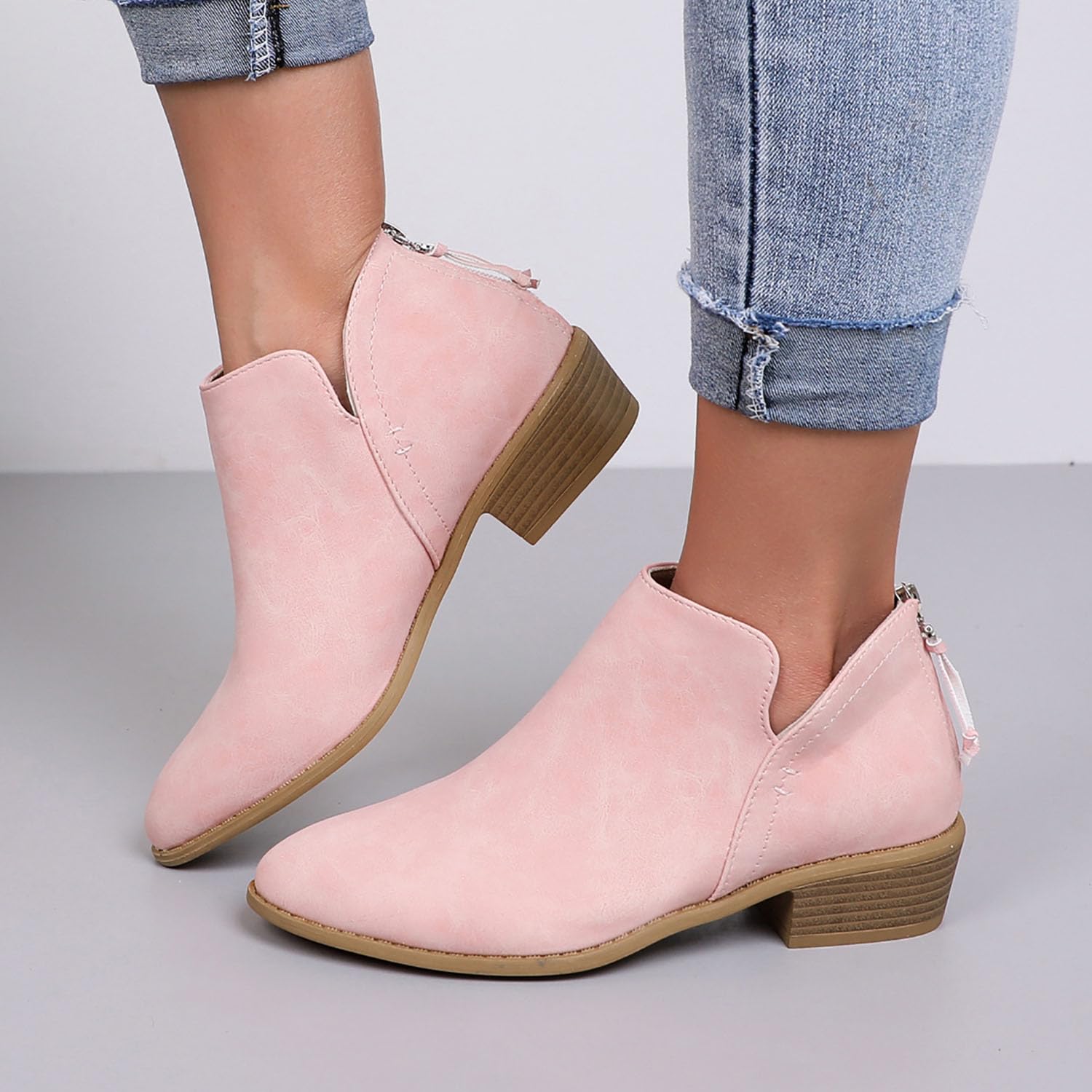 Bkebge Women's Ankle Boots - Low Heel Round Toe Suede Booties | Non-Slip Casual & Hiking Shoes | UK Size 5 Pink | Perfect for Everyday Wear, Office & Outdoor Activities
