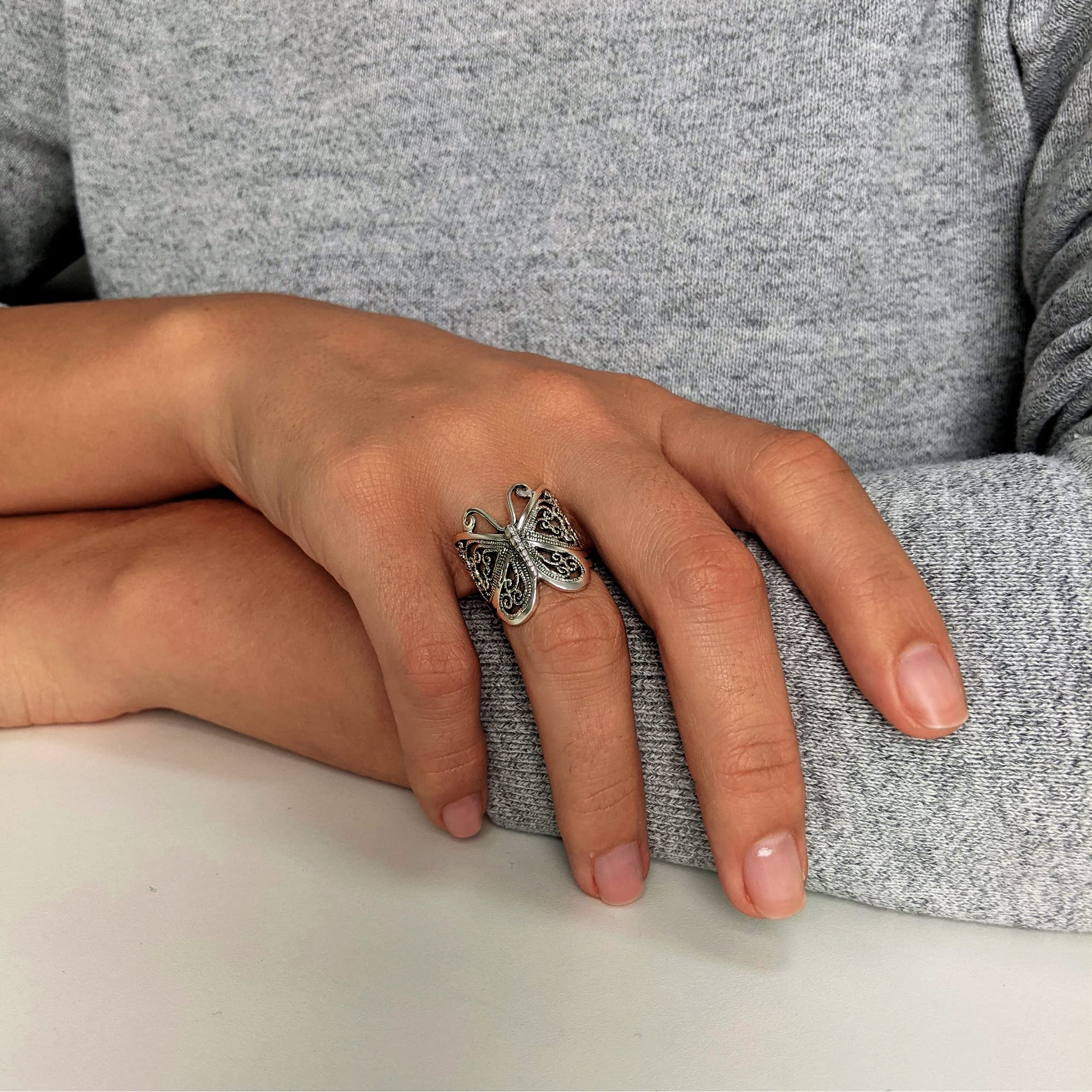 925 Sterling Silver Butterfly Ring for Women - Elegant 22.7mm Filigree Promise Ring, Thumb Ring & Bridesmaid Jewelry - Perfect for Weddings, Parties & Everyday Wear