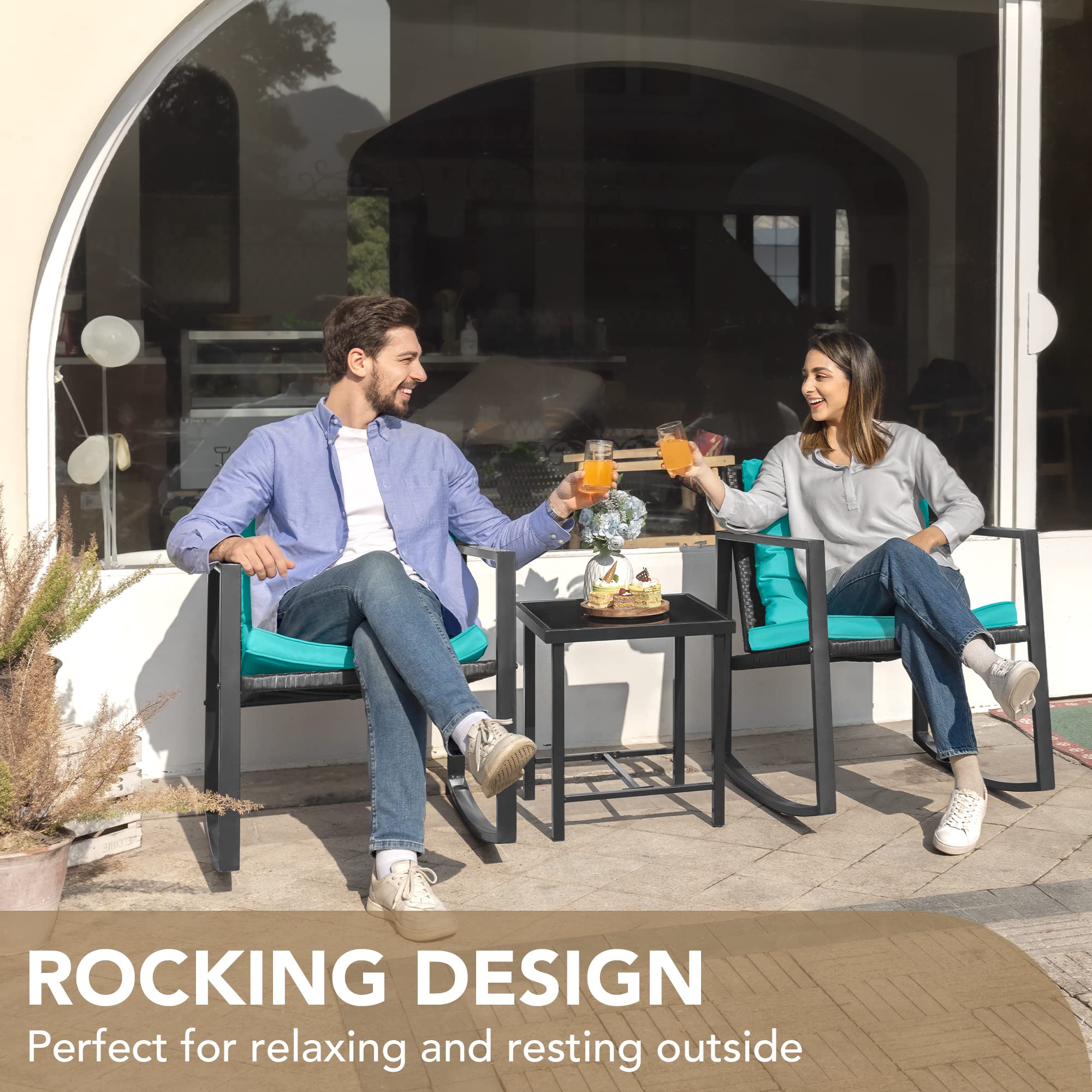 Devoko 3-Piece Wicker Patio Furniture Set - Outdoor Rocking Bistro Chairs with Glass Coffee Table for Porch, Garden & Backyard (Blue) | Perfect for Relaxing, Entertaining & Outdoor Dining