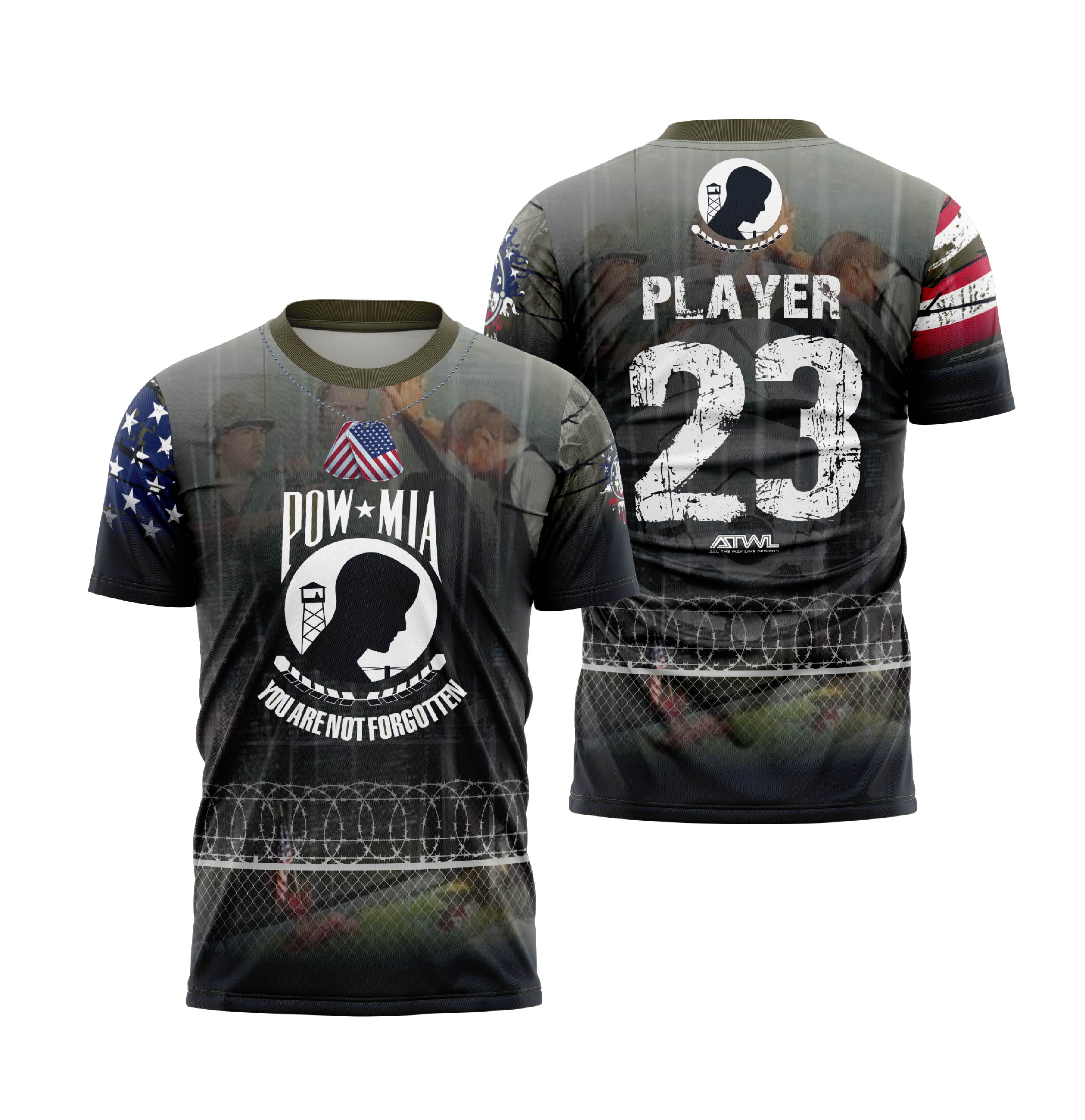 POW MIA Full Dye Jersey - Patriotic Military Apparel for Men & Women - Perfect for Veterans Day, Memorial Day & Military Support Events