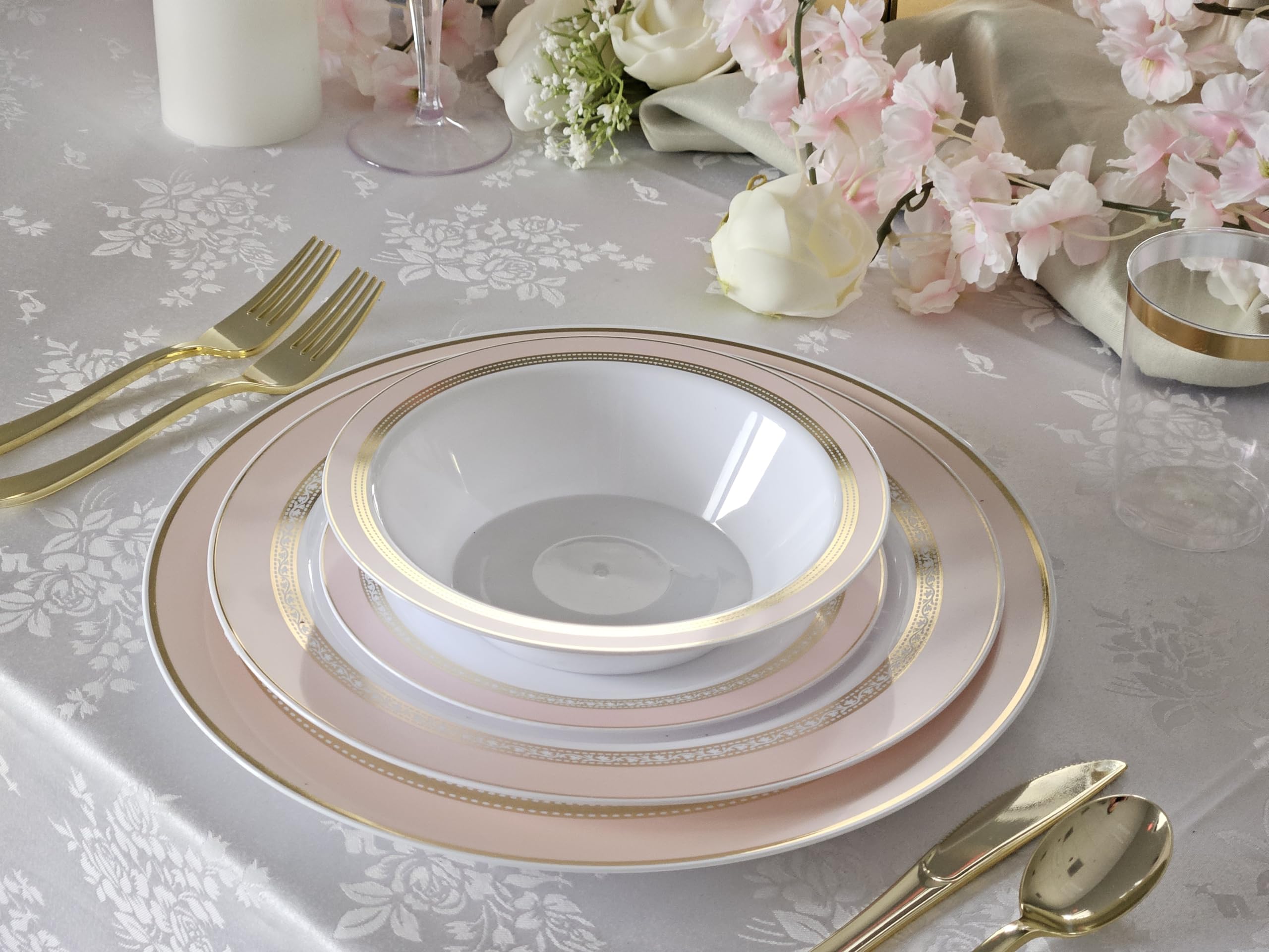 240 Heavyweight Disposable Plastic Plates for Weddings & Parties - 10.5'' Elegant Dinner Plates in Ritz Blush & Gold - Perfect for Formal Events, Catering & Special Occasions