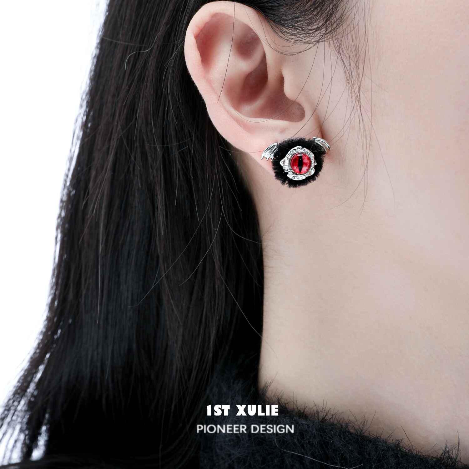 Little Demon Fluffy S925 Sterling Silver Demon Earrings - Gothic Punk Ear Clips for Women - Perfect for Halloween, Cosplay & Alternative Fashion