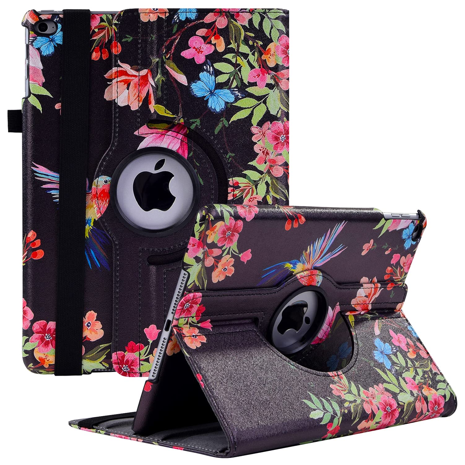 360° Rotating Protective Case for iPad 9.7 Inch (6th/5th Gen) & iPad Air 2 - Auto Sleep/Wake Stand Cover with Shock Absorption - Perfect for Work, Travel & Home Use (Black Hummingbird Design)