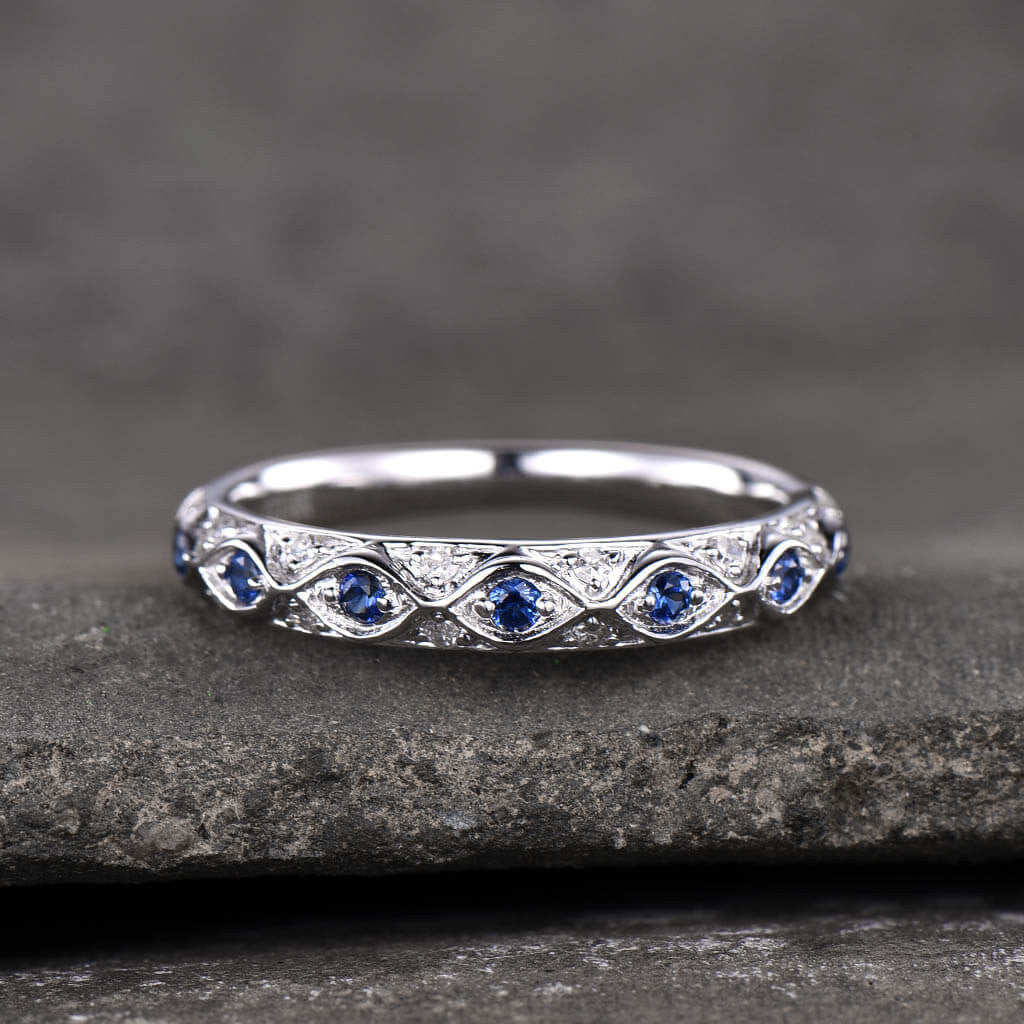 Vintage Sapphire and Diamond Wedding Band for Women - 14K White Gold Stackable Half Eternity Ring - Perfect for Bridal Jewelry, Anniversary Gifts & Stacking Rings Collection
