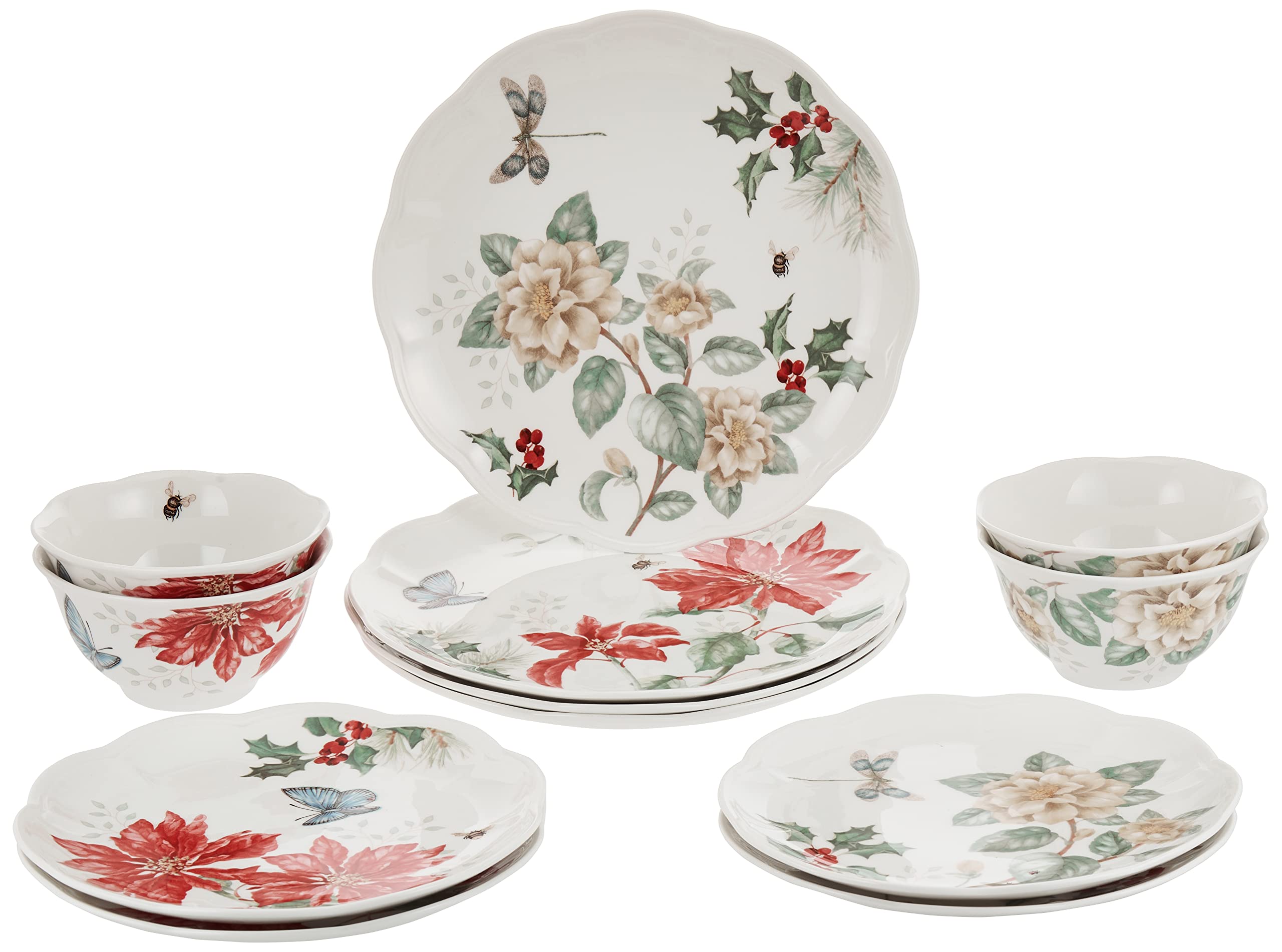 Lenox Butterfly Meadow Holiday 12-Piece Dinnerware Set - 16.6 LB Red & Green Christmas Plates & Bowls - Perfect for Holiday Dinners, Parties & Festive Table Settings