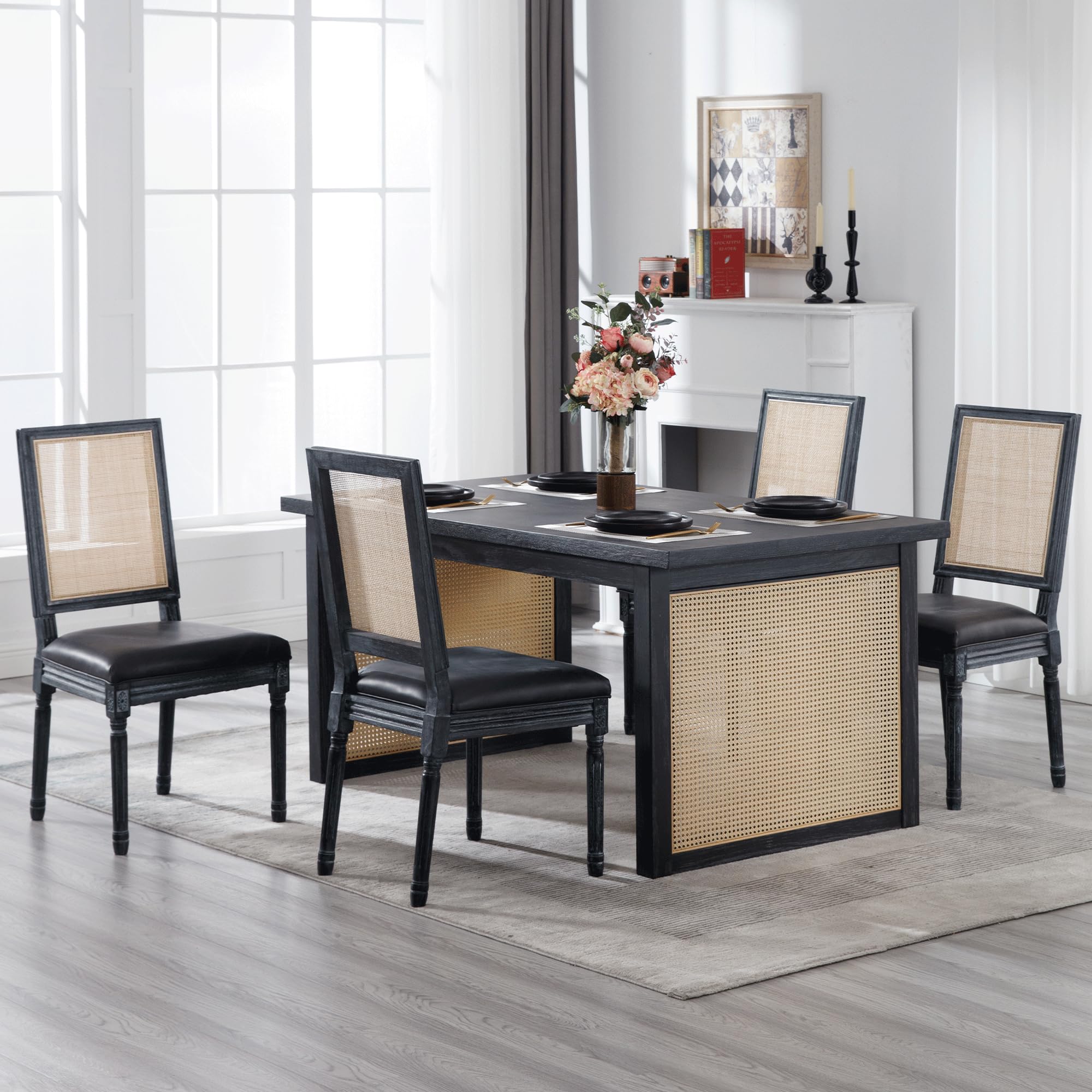 4 Pack Faux Leather Dining Chairs - Farmhouse Kitchen Chairs Set with Rattan Back, Upholstered Parsons Chairs for French Country Style Dining Room, Restaurant or Home Decor (Black) | Perfect for Farmhouse Kitchens, Cozy Breakfast Nooks and Elegant Restaurant Seating