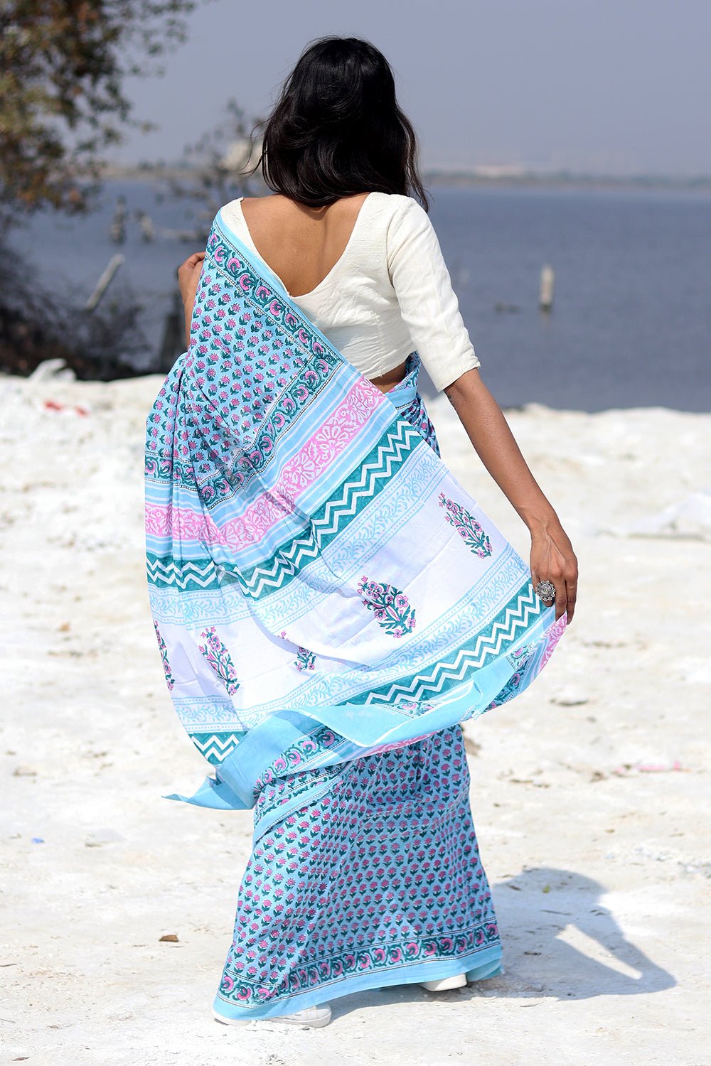 Blue Popsicle Block Printed Cotton Saree - Handmade Indian Traditional Dress for Women, Perfect for Festivals, Weddings & Cultural Events