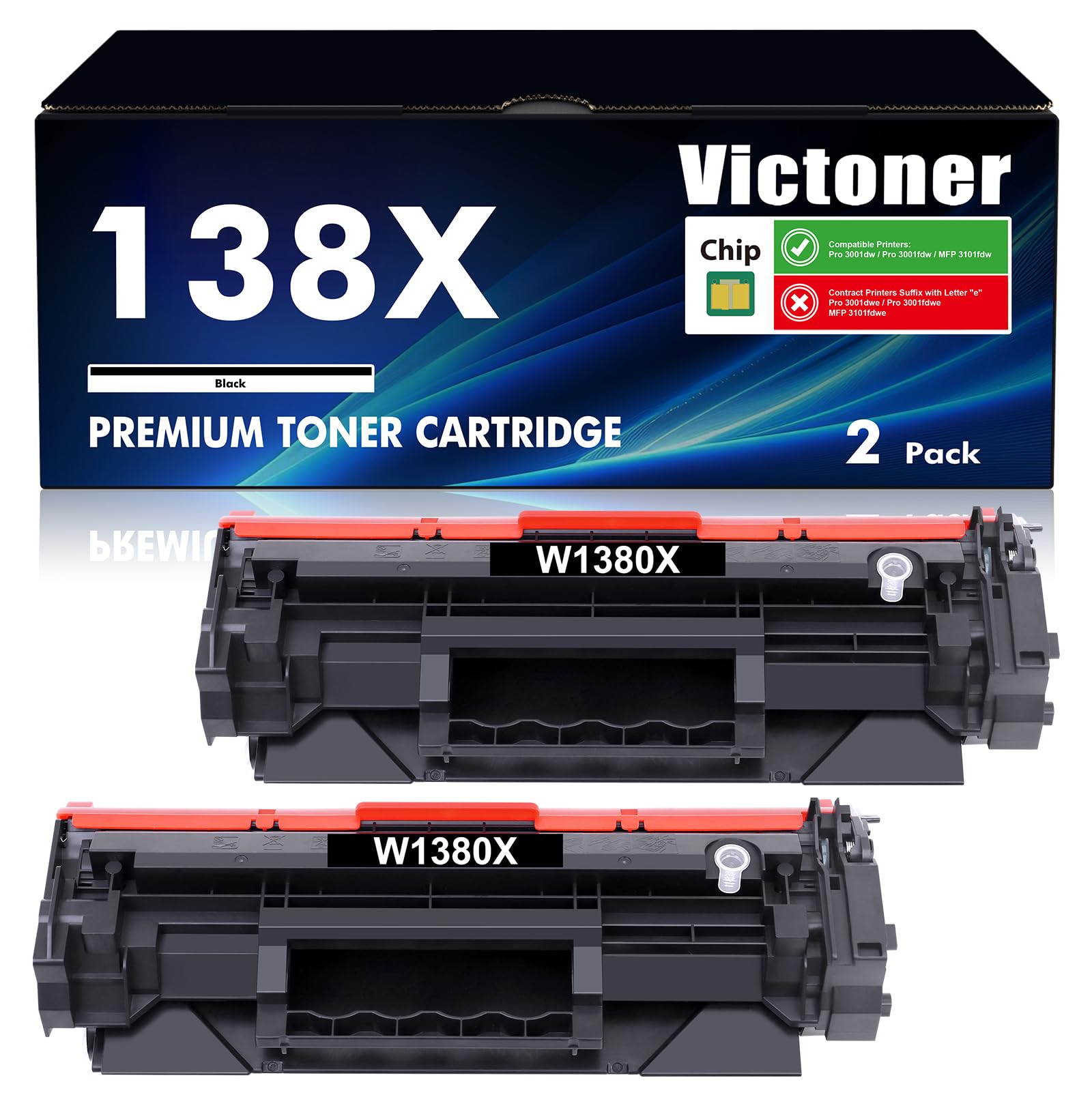 High Yield Black Toner Cartridge (2-Pack) - Compatible with HP 138X/138A/W1380X/W1380A for LaserJet Pro 3001dw/3001fdw/3101fdw Printers - Premium Chip Technology - Ideal for Office Printing & High Volume Documents