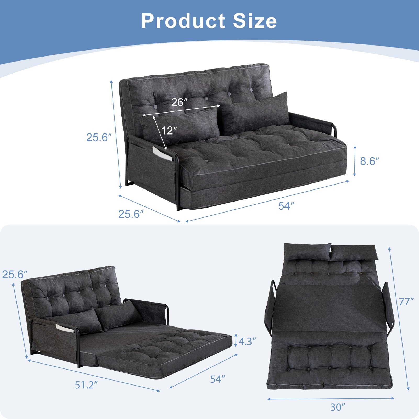 MAXYOYO Adjustable Floor Sofa Bed - Multi-Functional Folding Couch Bed with 2 Pillows, Grey - Perfect for Small Spaces, Guest Rooms & Living Room Lounging