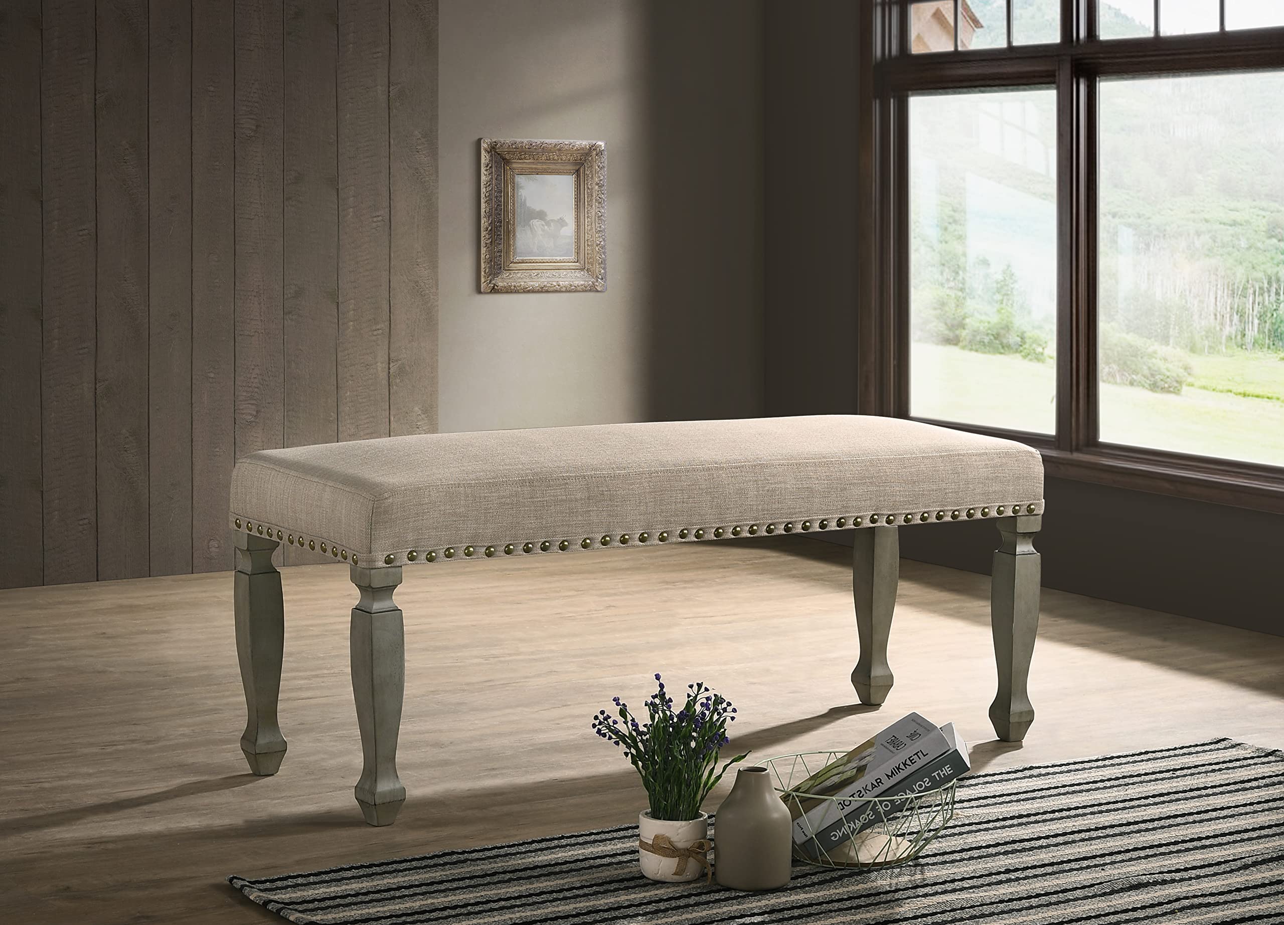 Roundhill Furniture Breda Upholstered Nailhead Bench - Antique Gray Velvet Entryway Bench with Tufted Seat for Living Room, Bedroom & Hallway Decor