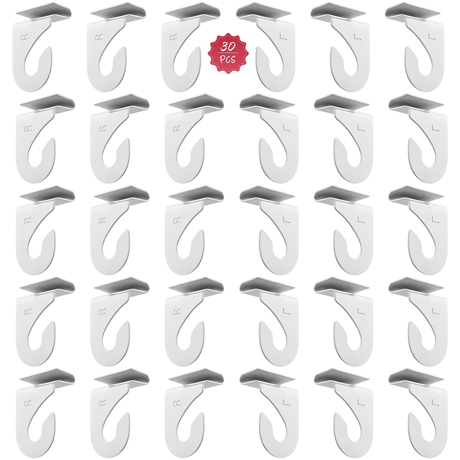 30PCS Steel Ceiling Hangers - Heavy Duty White Drop Ceiling Clips & Hooks for Home, Office, Mall Decorations (15 Left & 15 Right) - Perfect for Hanging Plants, Lights, Signs & Holiday Decor