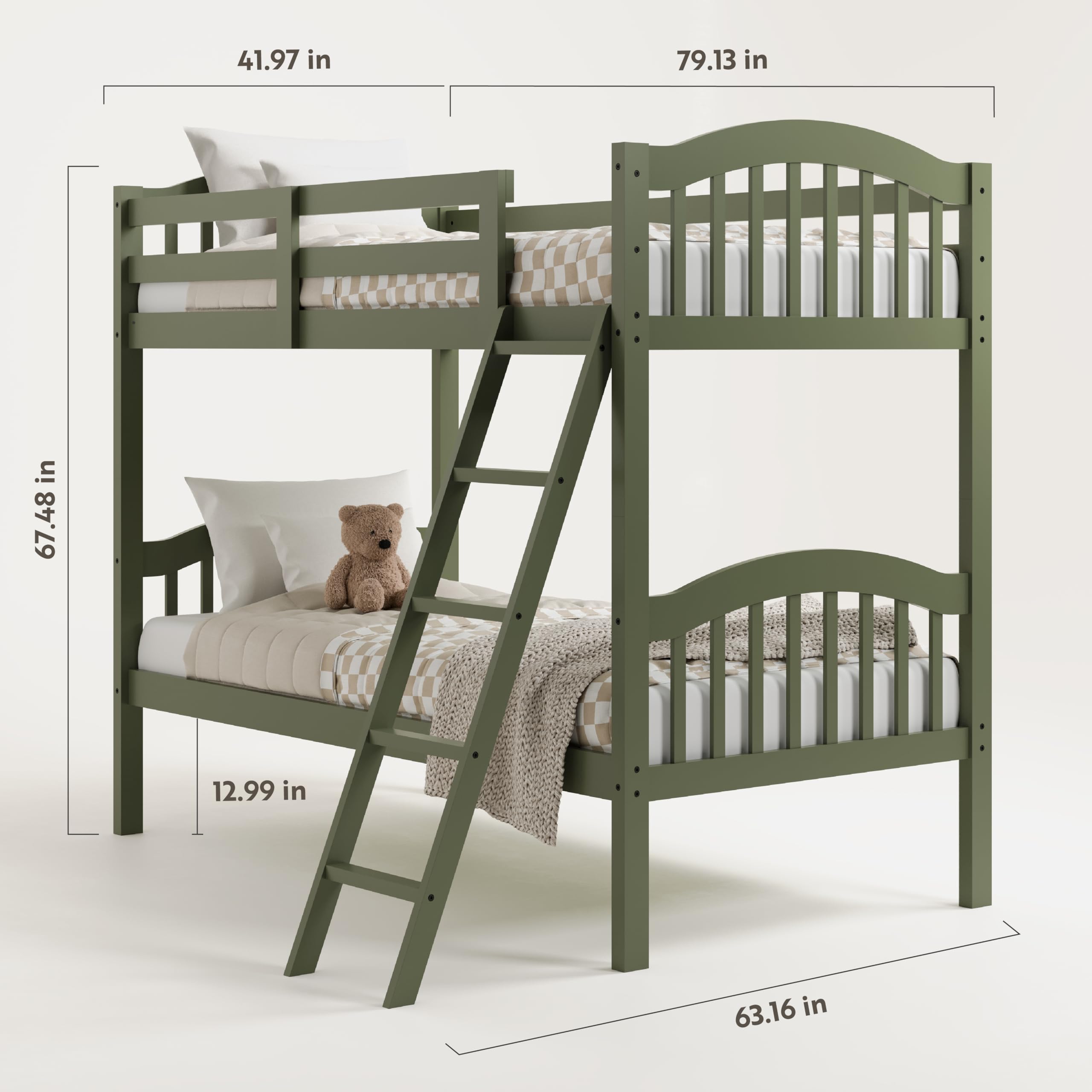 Storkcraft Long Horn Twin-Over-Twin Bunk Bed in Olive - GREENGUARD Gold Certified, Converts to 2 Separate Twin Beds, Sturdy Wood Slats, Space-Saving Kids Bunk Bed for Siblings or Sleepovers - Perfect for Small Bedrooms, Guest Rooms, and Kids' Shared Spaces