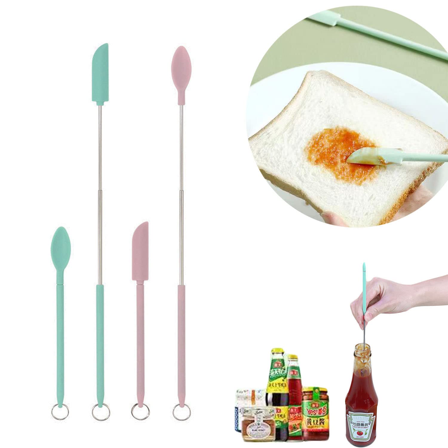 4-Piece Mini Silicone Telescopic Spatula & Scooping Spoon Set - 2022 Upgraded Reusable Kitchen Utensils for Cooking, Baking, Makeup & Cosmetics (Pink & Green) - Perfect for Jars, Bottles, Containers & Small Spaces
