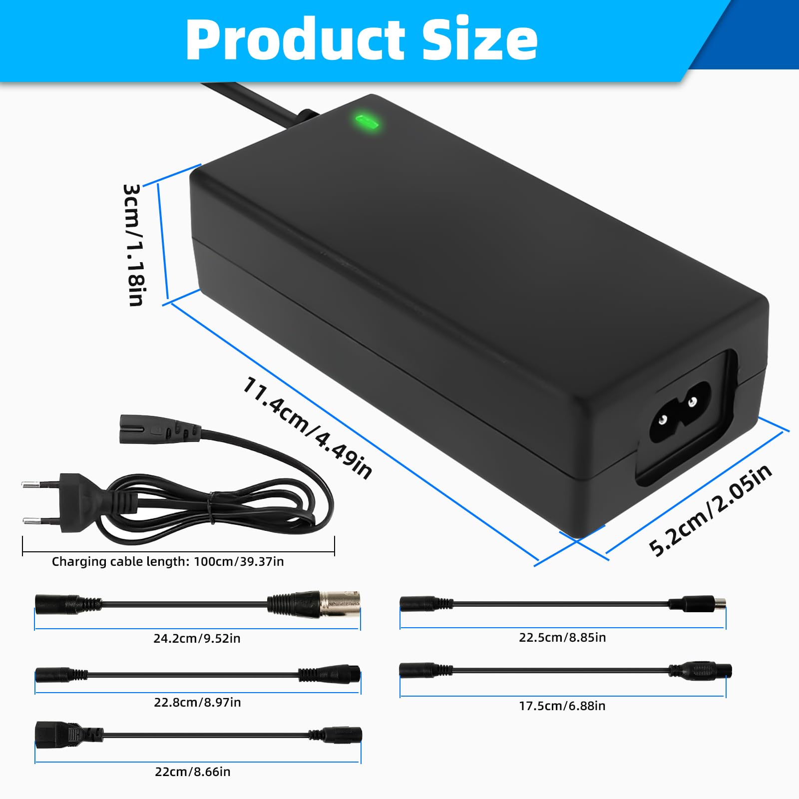 Tacilin 42V 2A Universal Electric Scooter Charger - Compatible with E-Bike, Hoverboard & Balance Bike - Includes 6 Battery Charger Connectors - Perfect for Commuting, Campus Travel & Outdoor Adventures