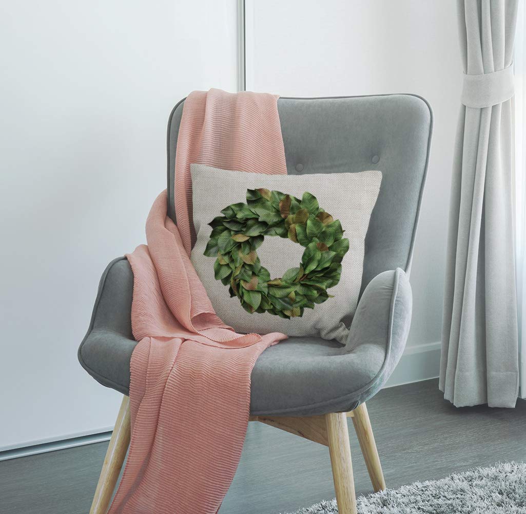 SSOIU Magnolia Leaves Wreath Throw Pillow Covers 18x18 Inches - Farmhouse Decorative Square Pillow Covers for Living Room, Bedroom & Porch Decor - Rustic Home Accents