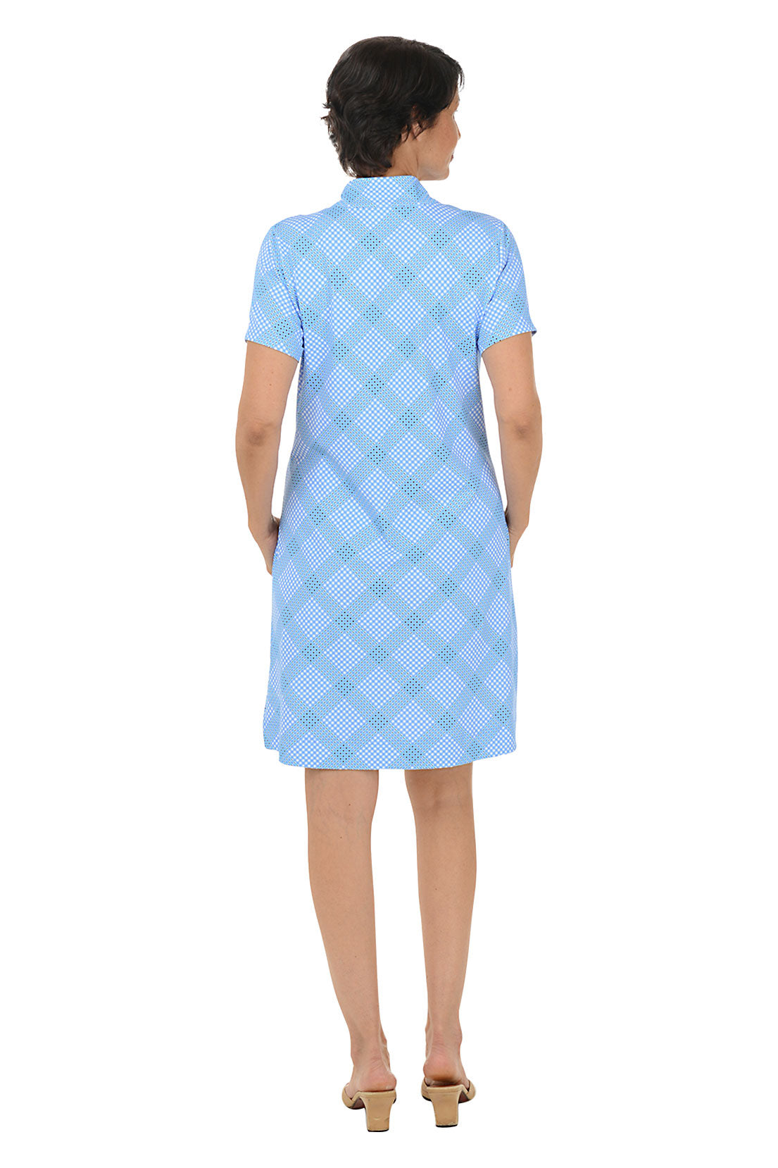 UPF50+ Diagonal Gingham Short Sleeve Zip Dress for Women - Beach Cover Up, Summer Outfit & Casual Wear