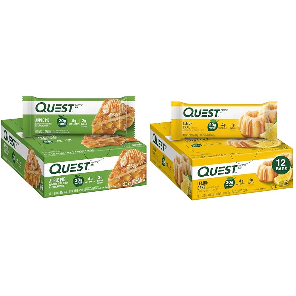 Quest Nutrition Apple Pie & Lemon Cake Protein Bars - 20g Protein, 4g Net Carbs, 2g Sugar, Gluten Free, Keto Friendly (12 Count) - Perfect for Post-Workout Recovery & Low Carb Snacking